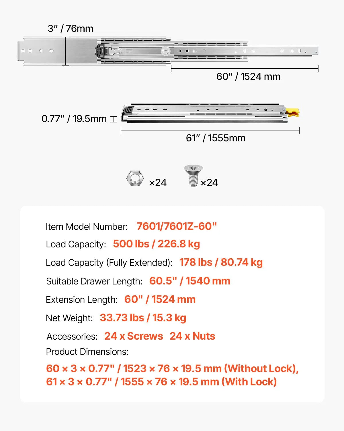 VEVOR 1 Pair Locking Full Extension Drawer Slides, 16–60 in Sizes, 500 lbs Heavy-Duty Ball Bearing Side Mount Rails 