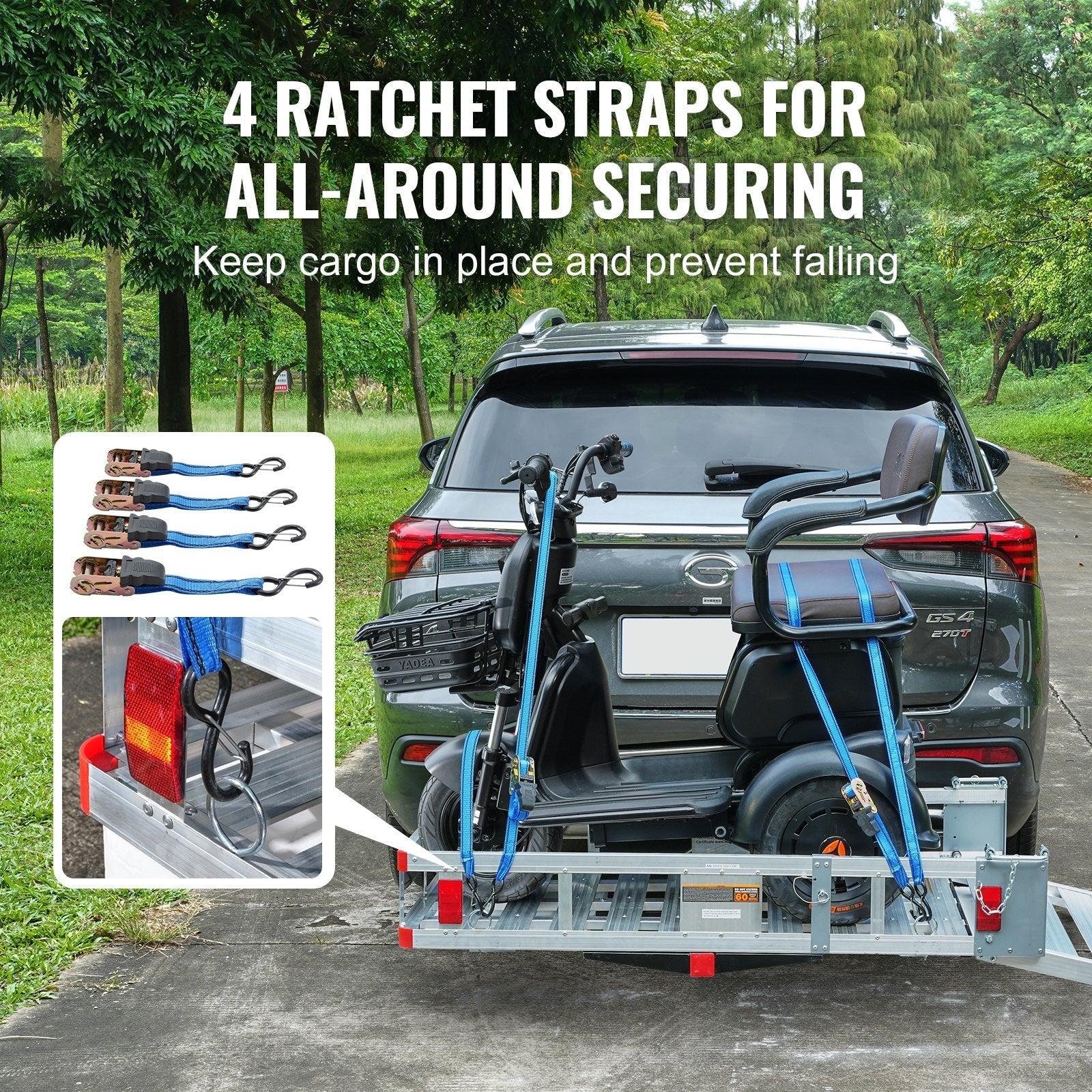 VEVOR Hitch Mount Wheelchair Carrier 47.2" x 27.6", 500LBS Mobility Scooter Carrier with Folding Ramp, Aluminum Trailer Hitch Rack Basket with Stabilizer, Straps, Fit 2" Hitch Receiver for SUV Van Car 