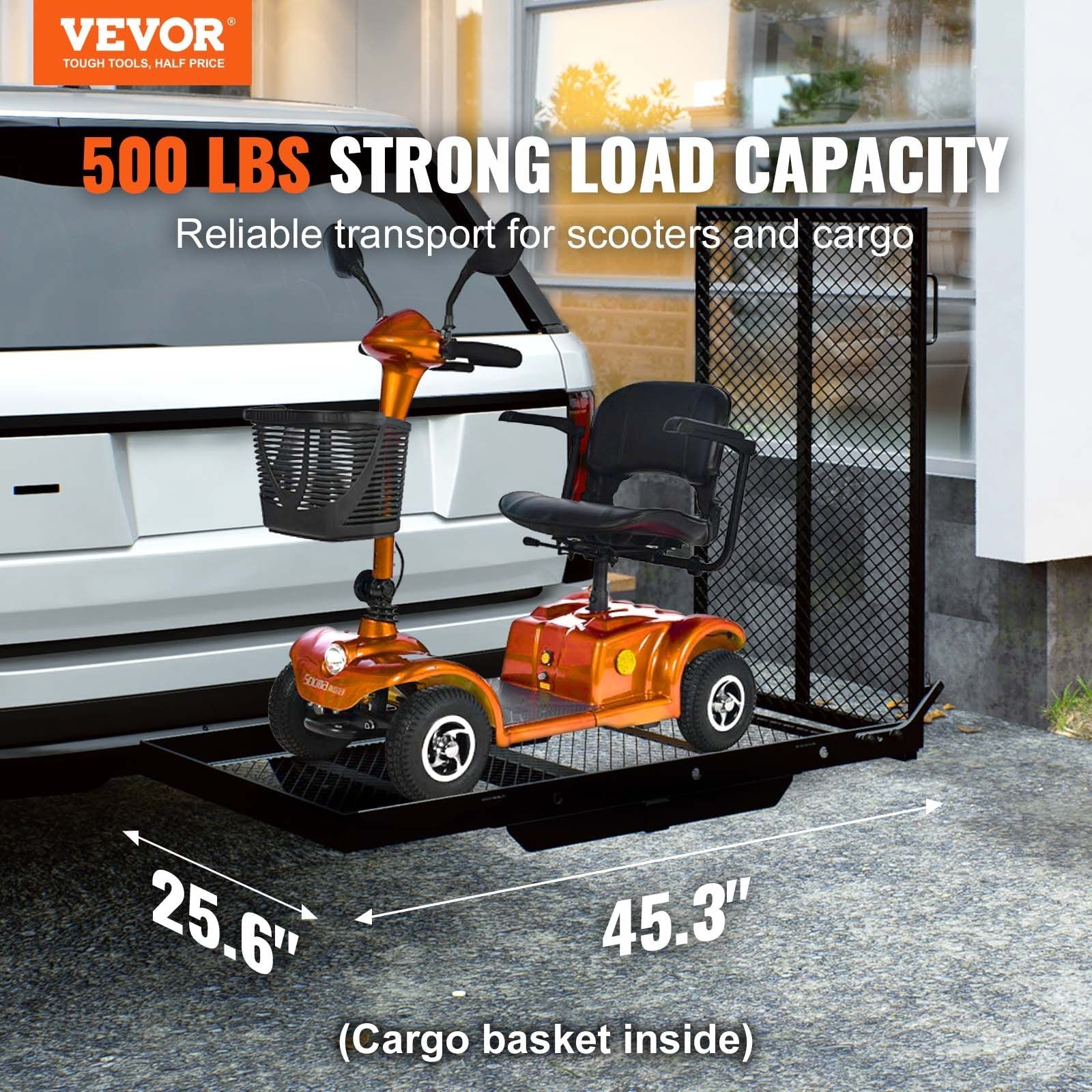 VEVOR Hitch Mount Wheelchair Carrier 45.3" x 25.6", 500LBS Mobility Scooter Carrier with Folding Ramp, Iron Trailer Hitch Rack Basket with Stabilizer, Straps, Fit 2" Hitch Receiver for SUV Van Car 