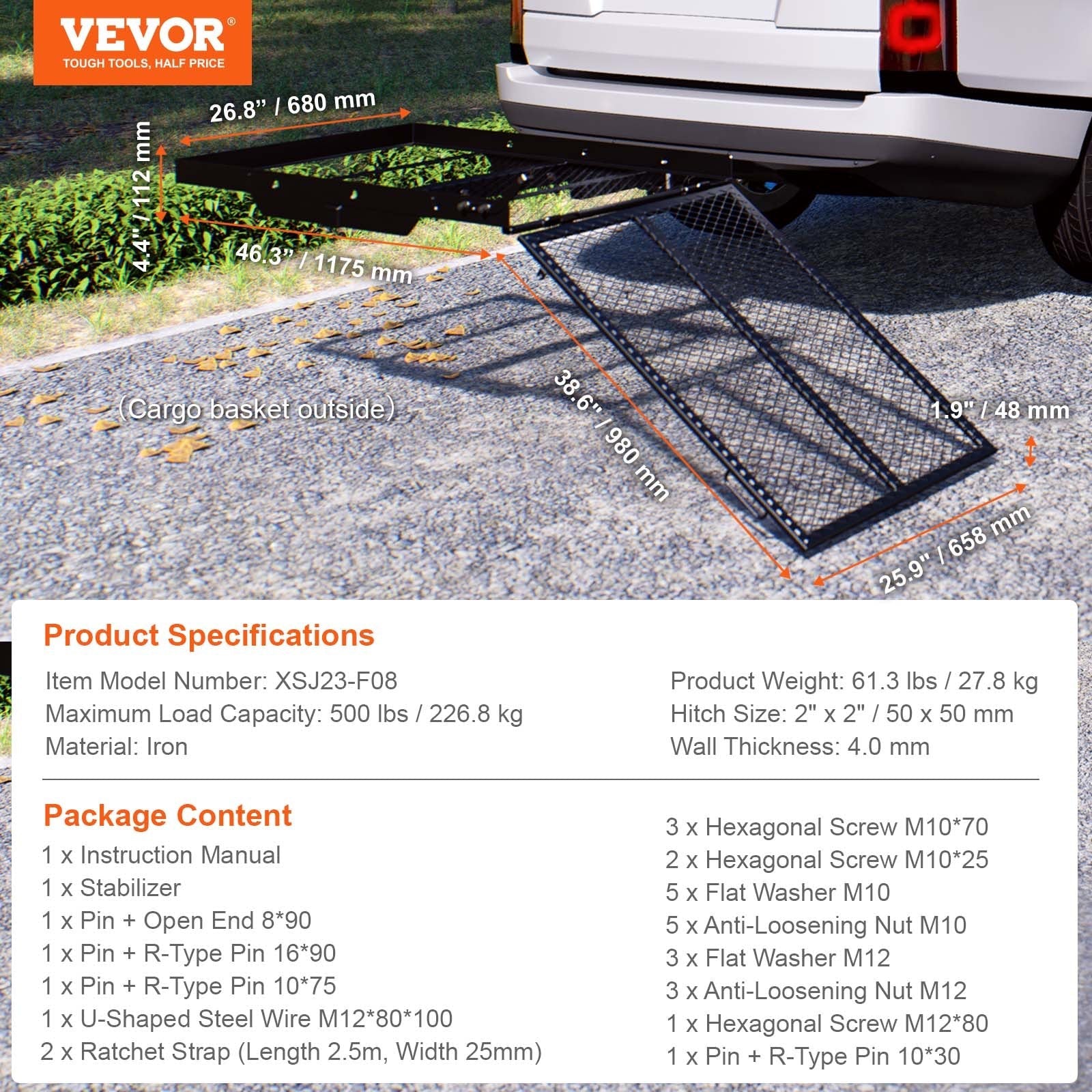 VEVOR Hitch Mount Wheelchair Carrier 45.3" x 25.6", 500LBS Mobility Scooter Carrier with Folding Ramp, Iron Trailer Hitch Rack Basket with Stabilizer, Straps, Fit 2" Hitch Receiver for SUV Van Car 