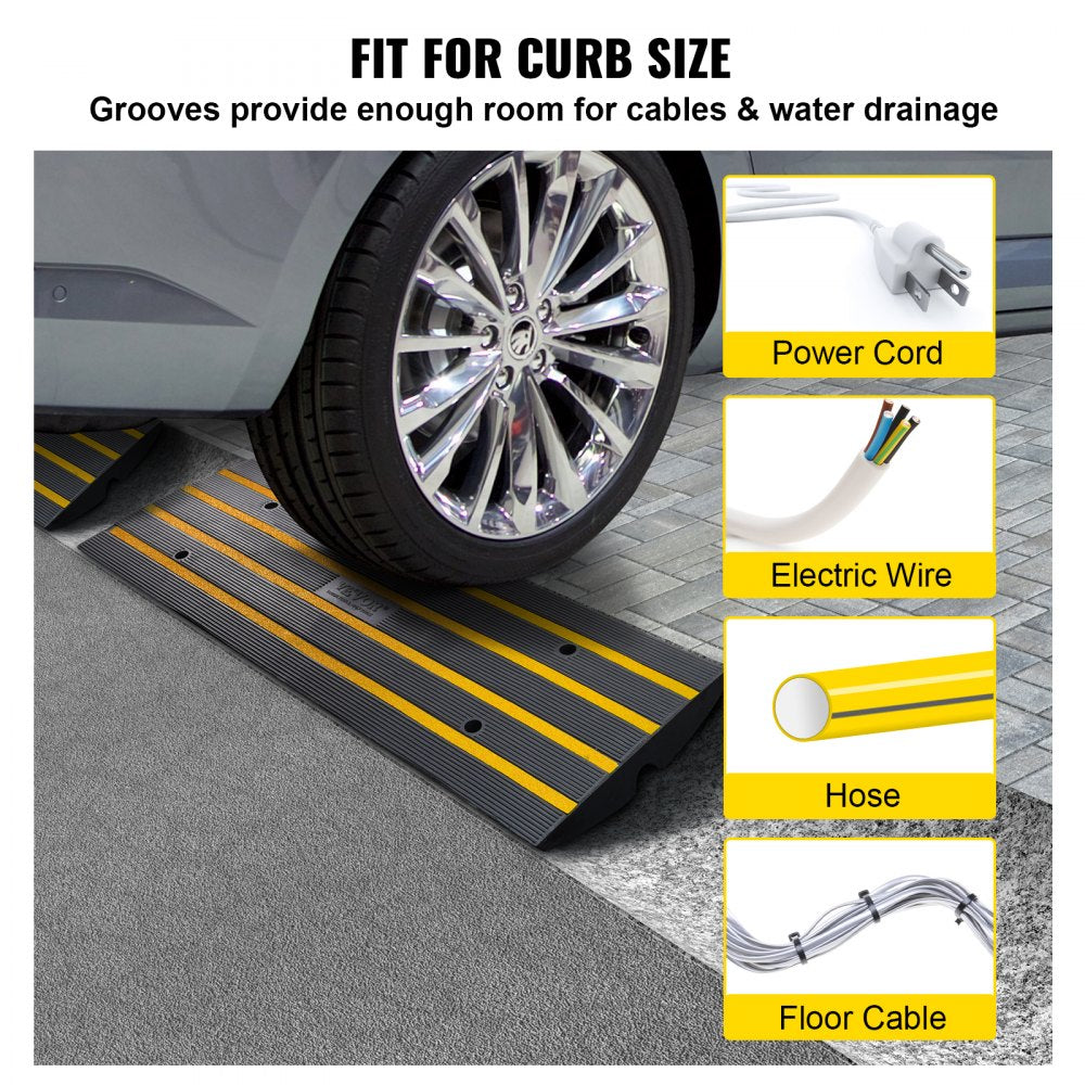 VEVOR Rubber Curb Ramp for Driveway 2 Pack, 15T Heavy Duty Sidewalk Curb Ramp, 2.6" Rise Height Cable Cover Curbside Bridge Ramp for Garage for Low Cars, Wheelchairs 