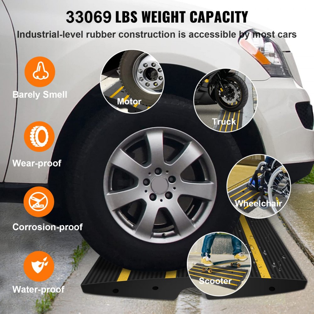 VEVOR Rubber Curb Ramp for Driveway 2 Pack, 15T Heavy Duty Sidewalk Curb Ramp, 2.6" Rise Height Cable Cover Curbside Bridge Ramp for Garage for Low Cars, Wheelchairs 