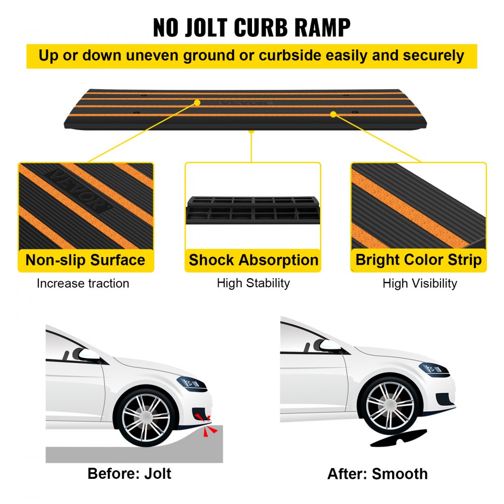 VEVOR Rubber Curb Ramp for Driveway 2 Pack, 15T Heavy Duty Sidewalk Curb Ramp, 2.6" Rise Height Cable Cover Curbside Bridge Ramp for Garage for Low Cars, Wheelchairs 