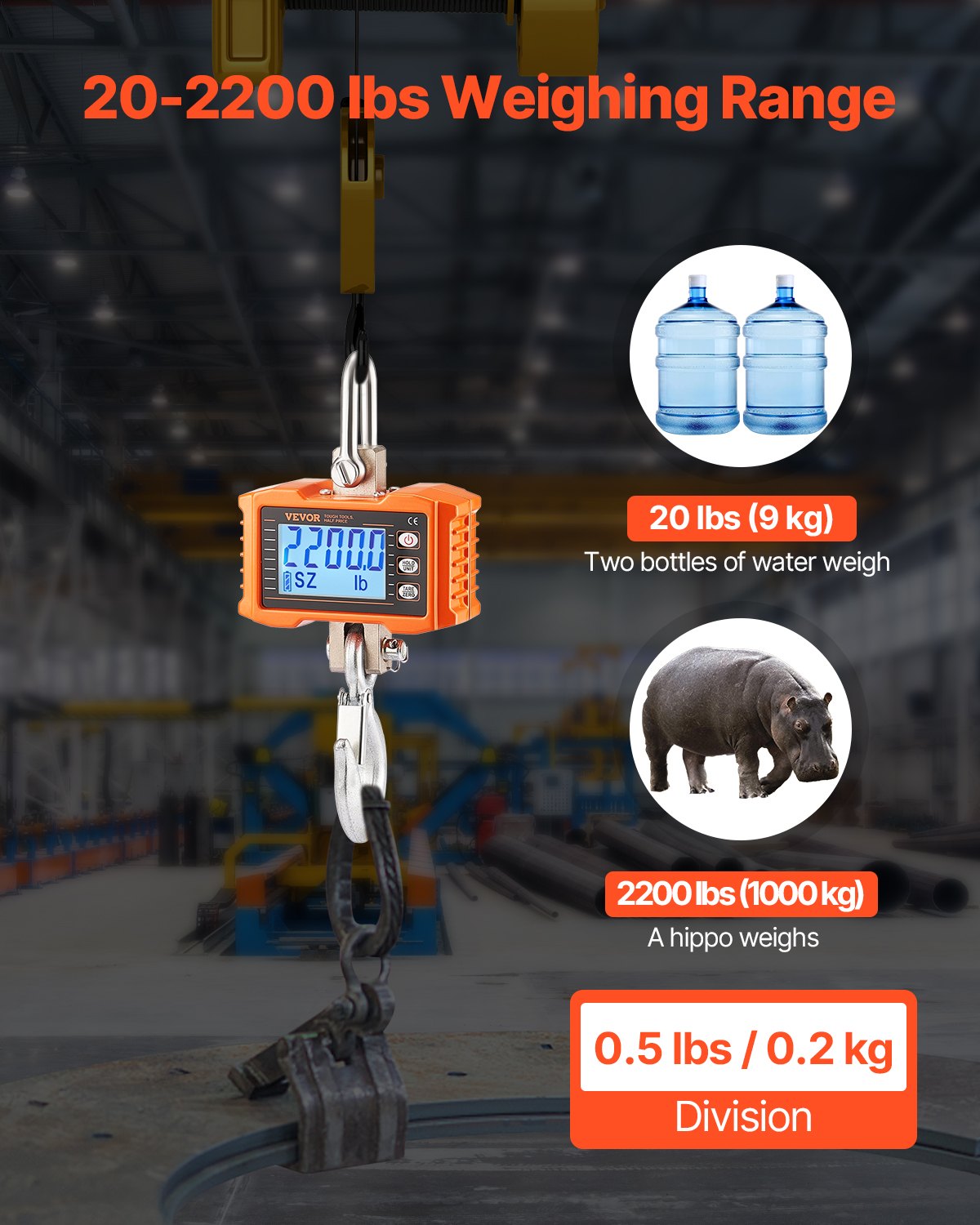 VEVOR Digital Crane Scale Industrial Hanging Scale 2200 lbs/1000 kg Heavy Duty 