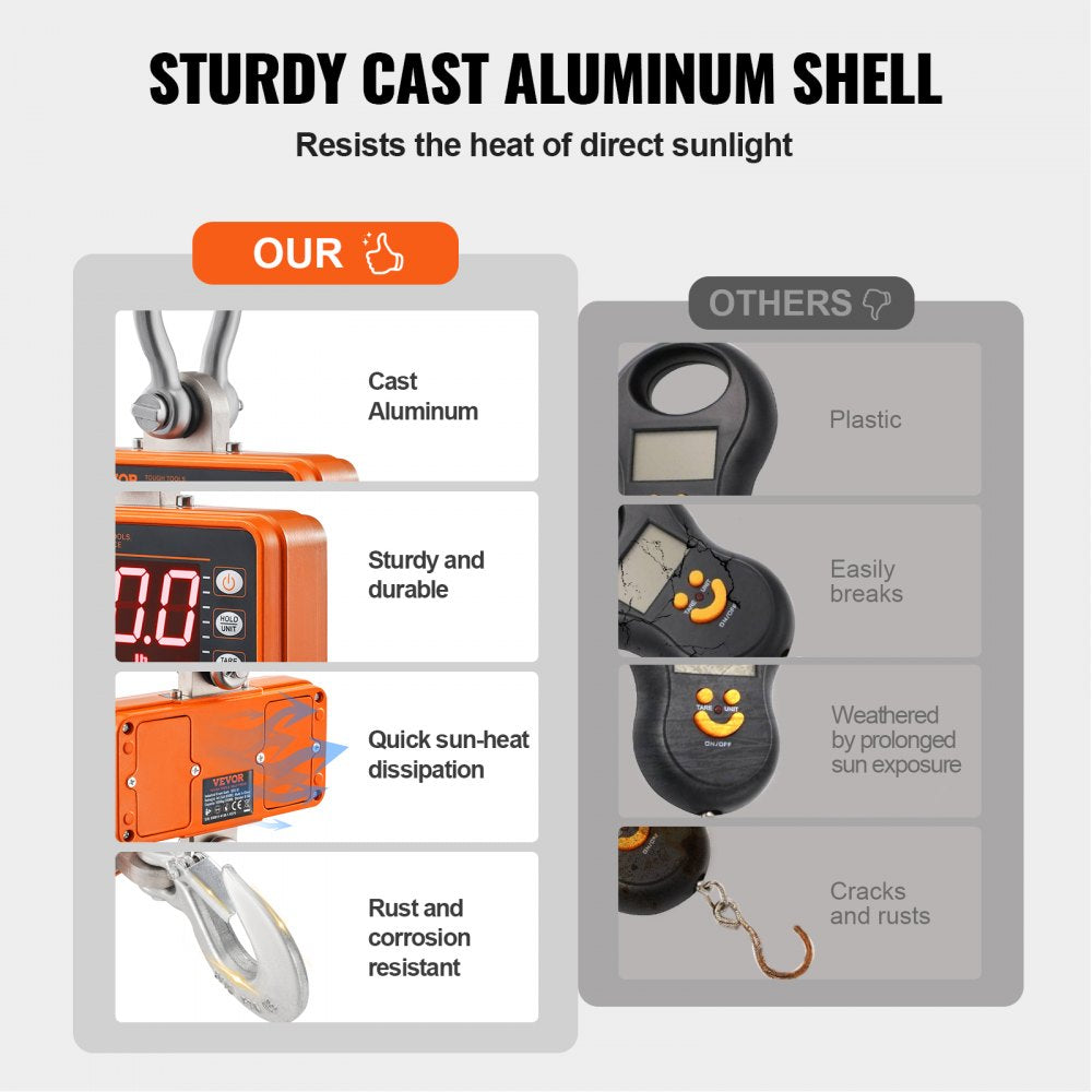 VEVOR Digital Crane Scale, 2200 lbs/1000 kg, Industrial Heavy Duty Hanging Scale with Remote Control, Cast Aluminum Case & LED Screen, High Precision for Construction, Factory, Farm, Hunting (Orange) 