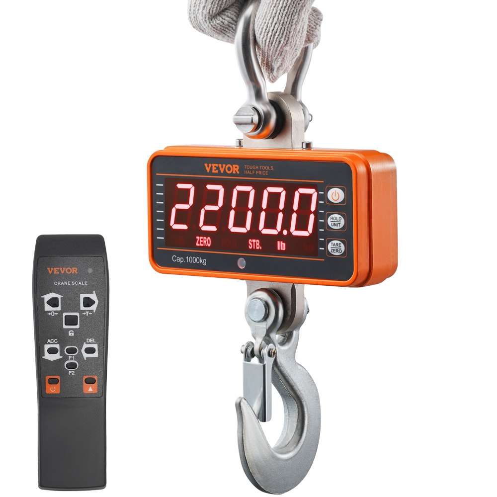 VEVOR Digital Crane Scale, 2200 lbs/1000 kg, Industrial Heavy Duty Hanging Scale with Remote Control, Cast Aluminum Case & LED Screen, High Precision for Construction, Factory, Farm, Hunting (Orange) 