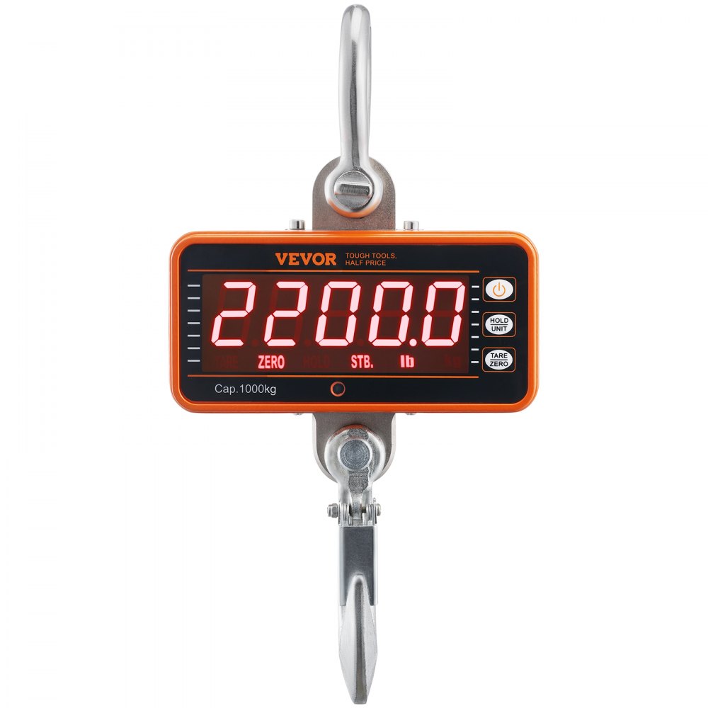 VEVOR Digital Crane Scale, 2200 lbs/1000 kg, Industrial Heavy Duty Hanging Scale with Remote Control, Cast Aluminum Case & LED Screen, High Precision for Construction, Factory, Farm, Hunting (Orange) 