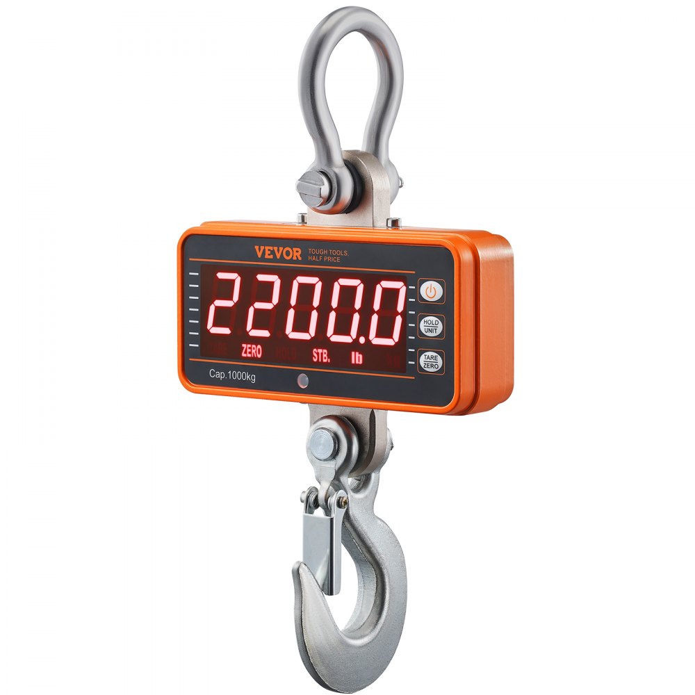 VEVOR Digital Crane Scale, 2200 lbs/1000 kg, Industrial Heavy Duty Hanging Scale with Remote Control, Cast Aluminum Case & LED Screen, High Precision for Construction, Factory, Farm, Hunting (Orange) 