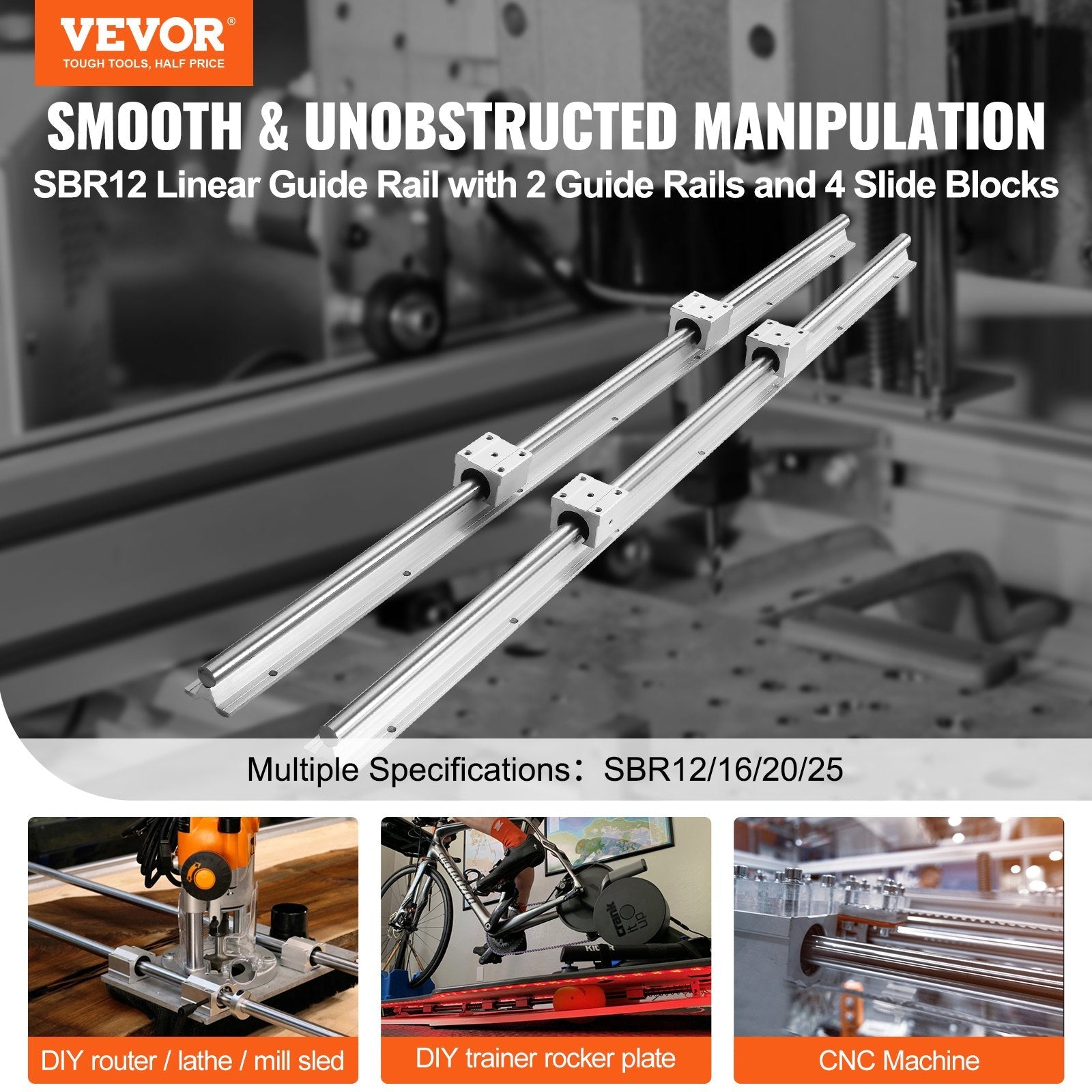 VEVOR Linear Guide Rail Set, SBR12 1000mm, 2 PCS 39.4 in/1000 mm SBR12 Guide Rails and 4 PCS SBR12UU Slide Blocks, Linear Rails and Bearings Kit for Automated Machines DIY Project CNC Router Machines 