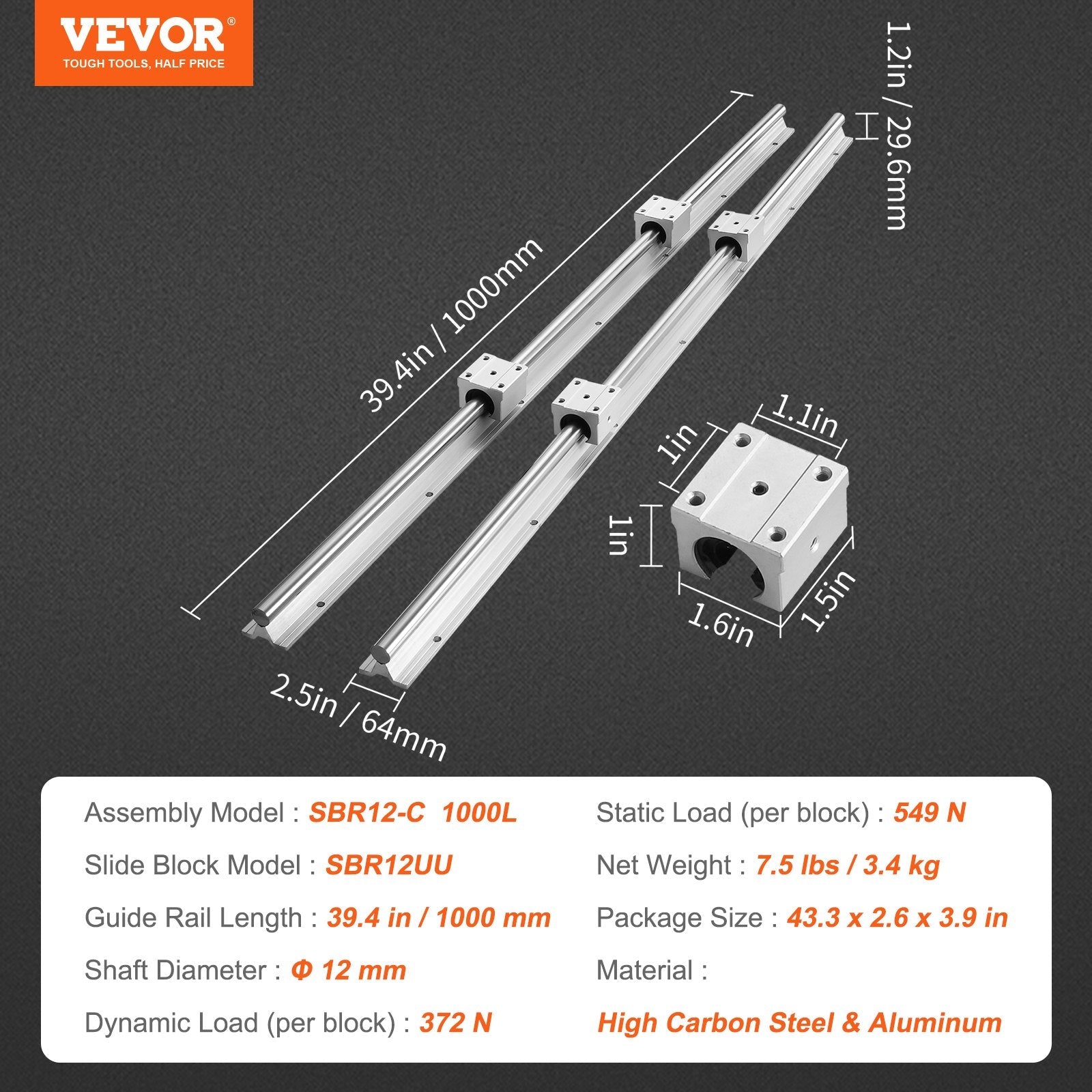 VEVOR Linear Guide Rail Set, SBR12 1000mm, 2 PCS 39.4 in/1000 mm SBR12 Guide Rails and 4 PCS SBR12UU Slide Blocks, Linear Rails and Bearings Kit for Automated Machines DIY Project CNC Router Machines 