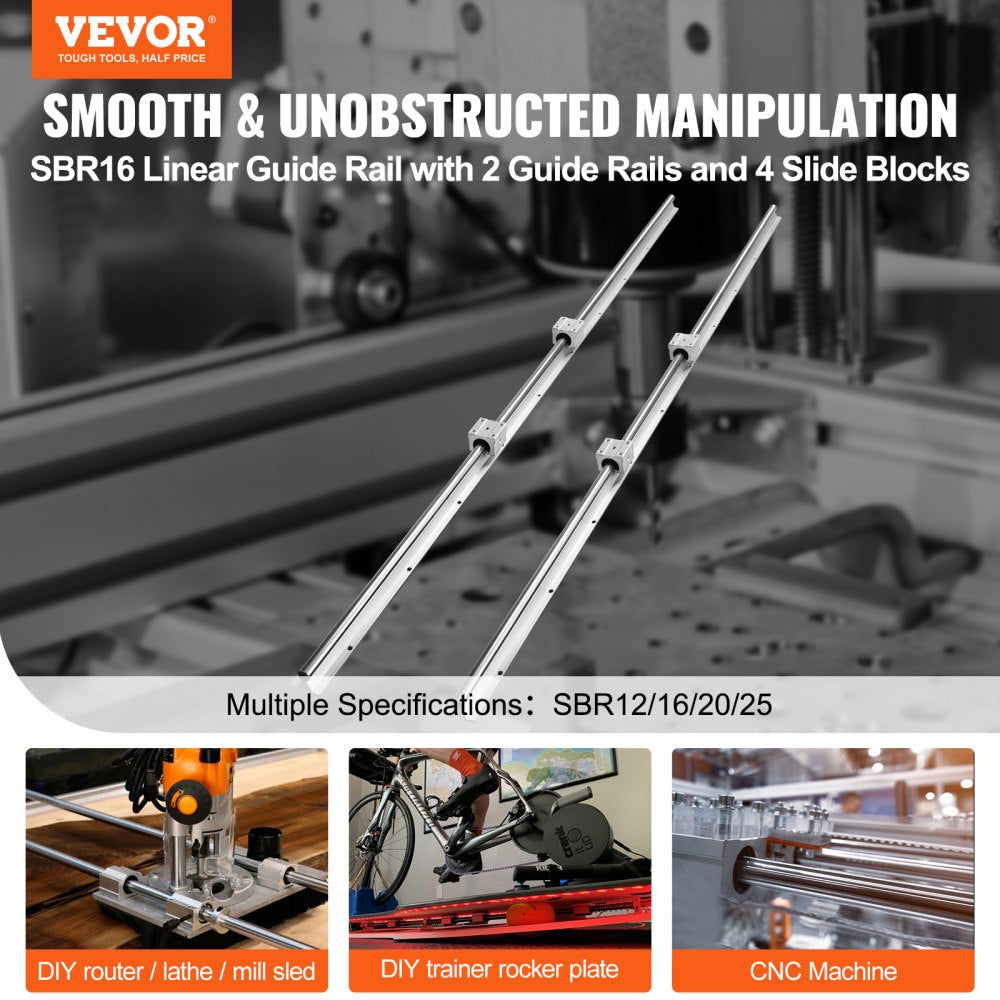 VEVOR Linear Guide Rail Set, SBR16 1500mm, 2 PCS 59 in/1500 mm SBR16 Guide Rails and 4 PCS SBR16UU Slide Blocks, Linear Rails and Bearings Kit for Automated Machines DIY Project CNC Router Machines 