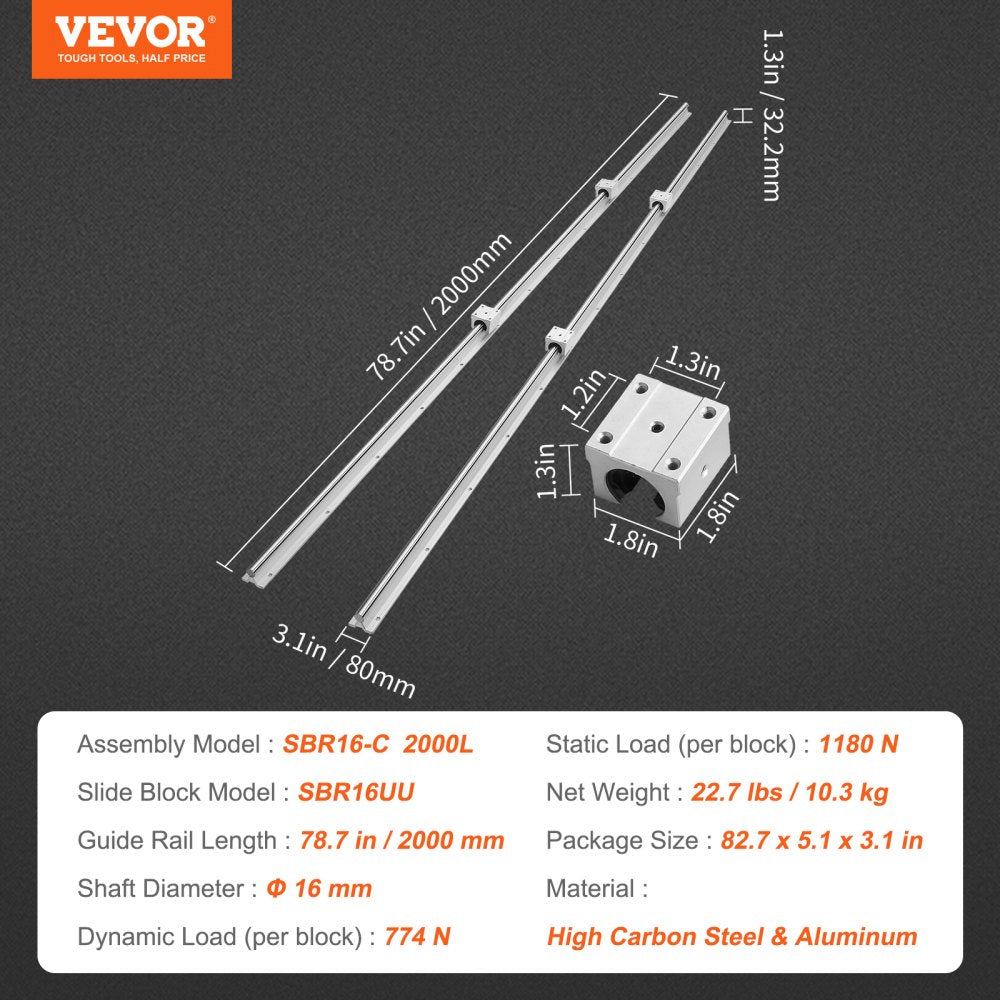 VEVOR Linear Guide Rail Set, SBR16 2000mm, 2 PCS 78.7 in/2000 mm SBR16 Guide Rails and 4 PCS SBR16UU Slide Blocks, Linear Rails and Bearings Kit for Automated Machines DIY Project CNC Router Machines 
