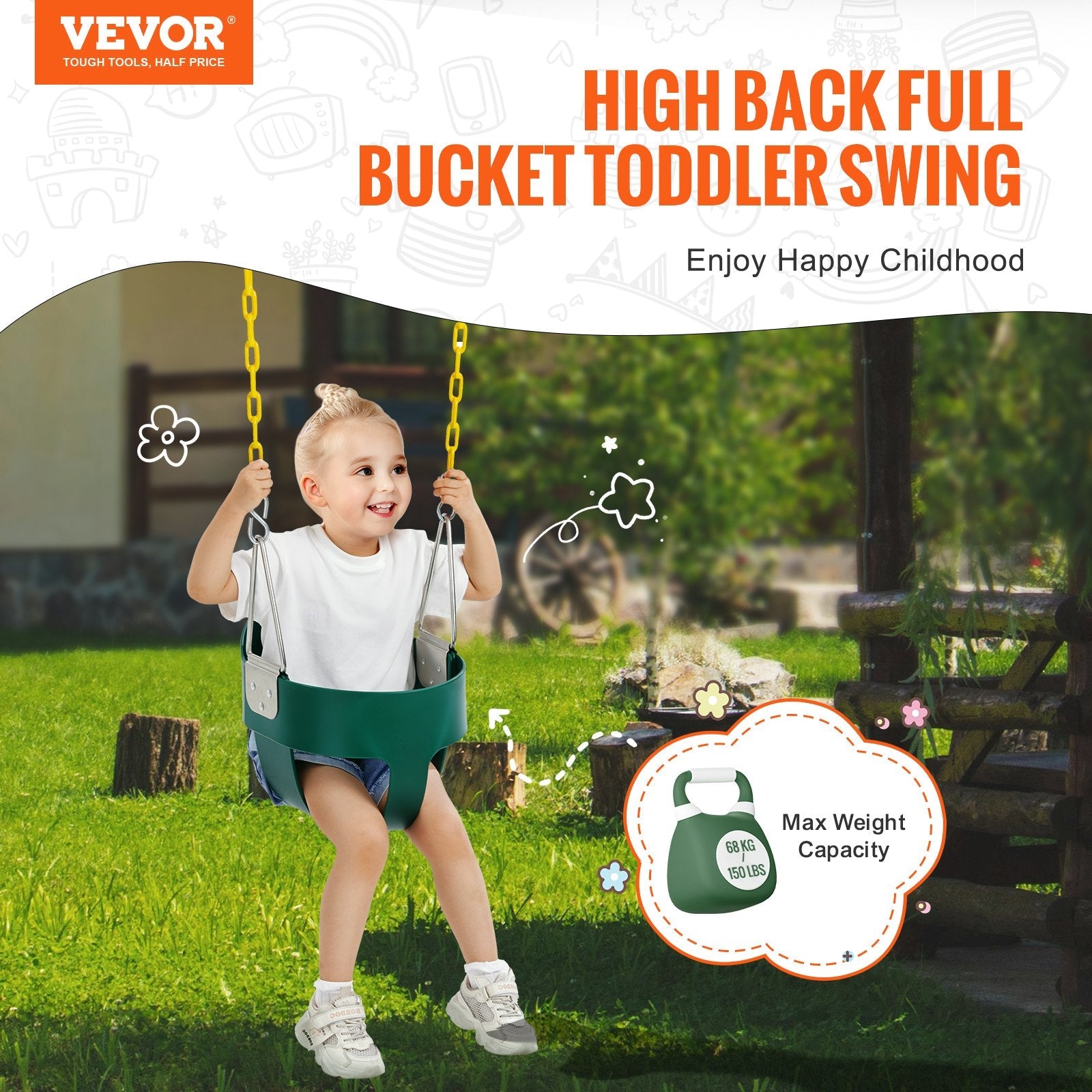 VEVOR Toddler Swing Seat High Back Full Bucket Baby Swing Seat Support 150 lbs 