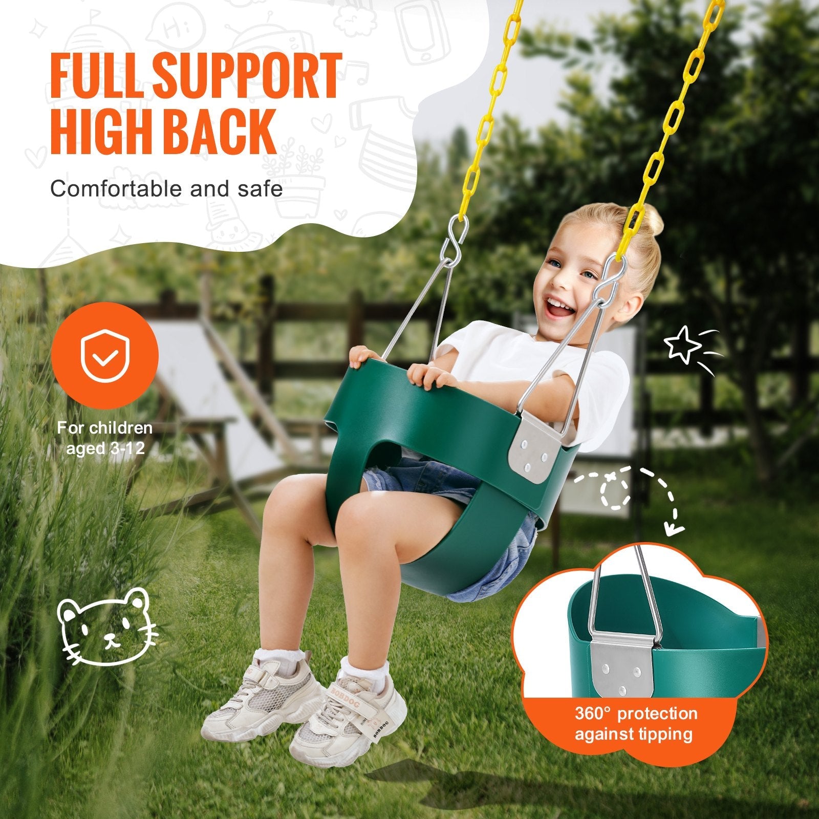 VEVOR Toddler Swing Seat High Back Full Bucket Baby Swing Seat Support 150 lbs 