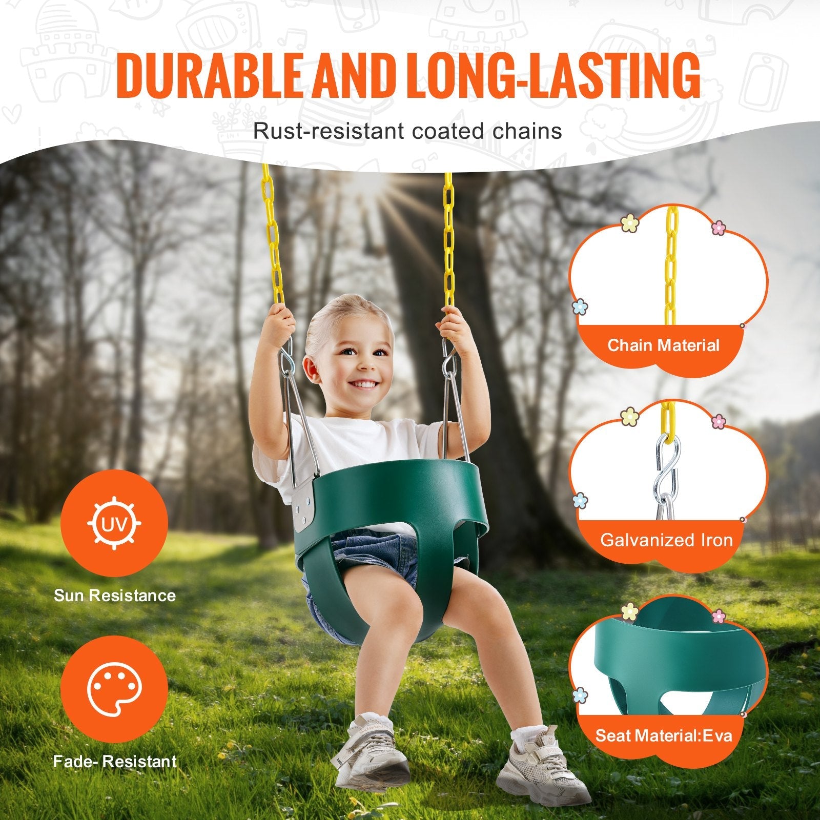 VEVOR Toddler Swing Seat High Back Full Bucket Baby Swing Seat Support 150 lbs 