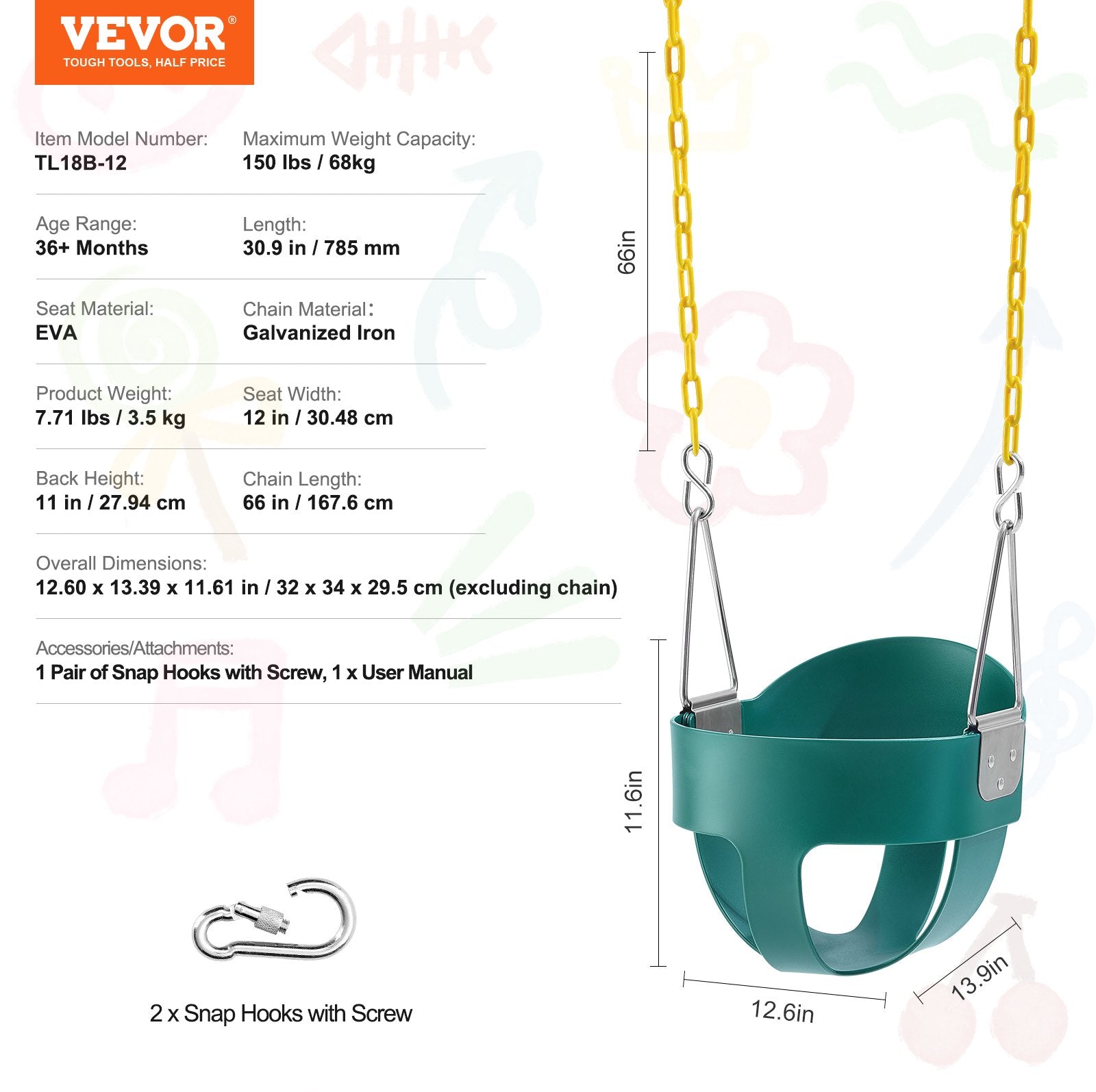 VEVOR Toddler Swing Seat High Back Full Bucket Baby Swing Seat Support 150 lbs 