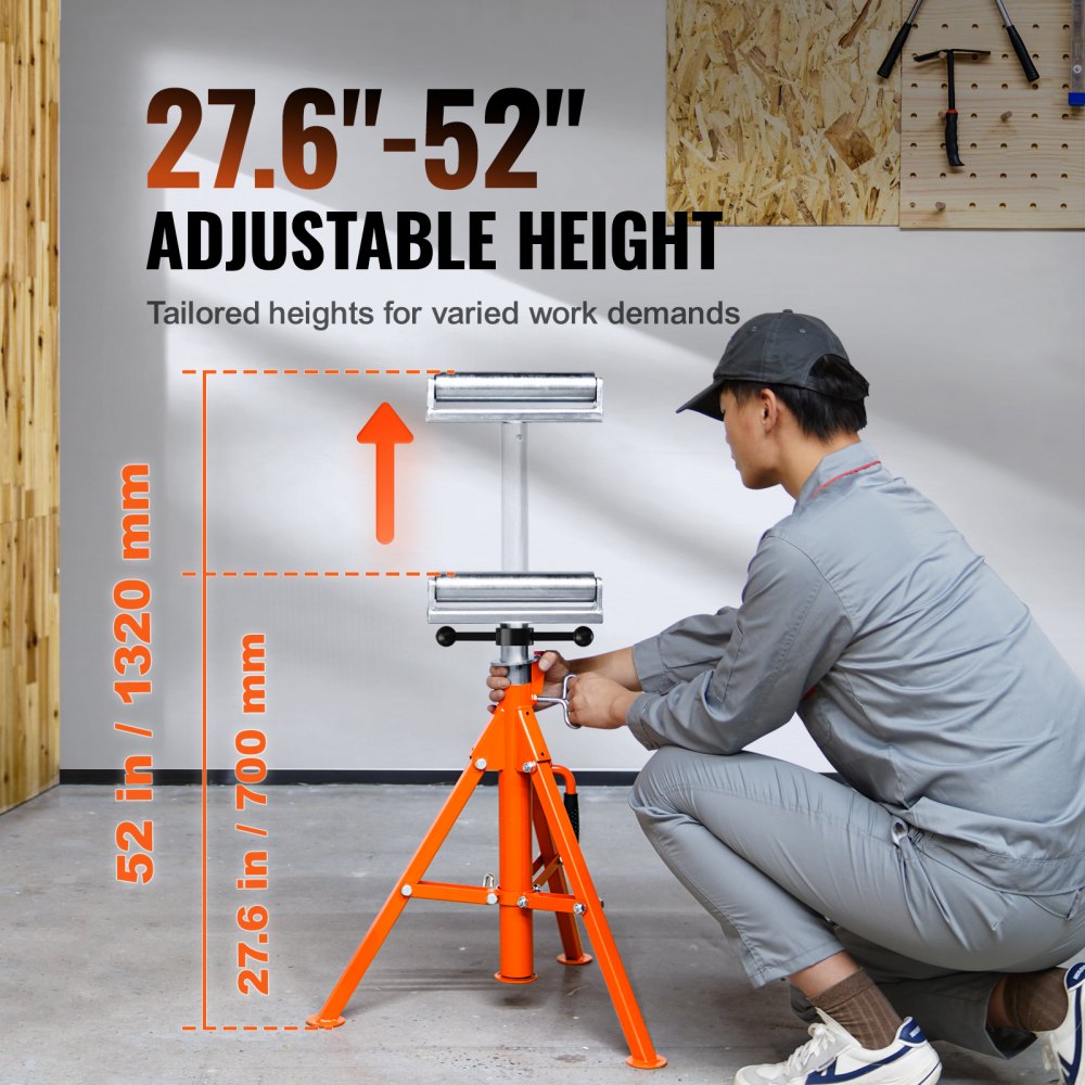 VEVOR Roller Stand, Heavy Duty 2500 LBS Load Capacity, 27.6"-52" Height Adjustable, 45# Steel Folding Roller Support Stand for Long Boards, Metal Pipes or Bars 