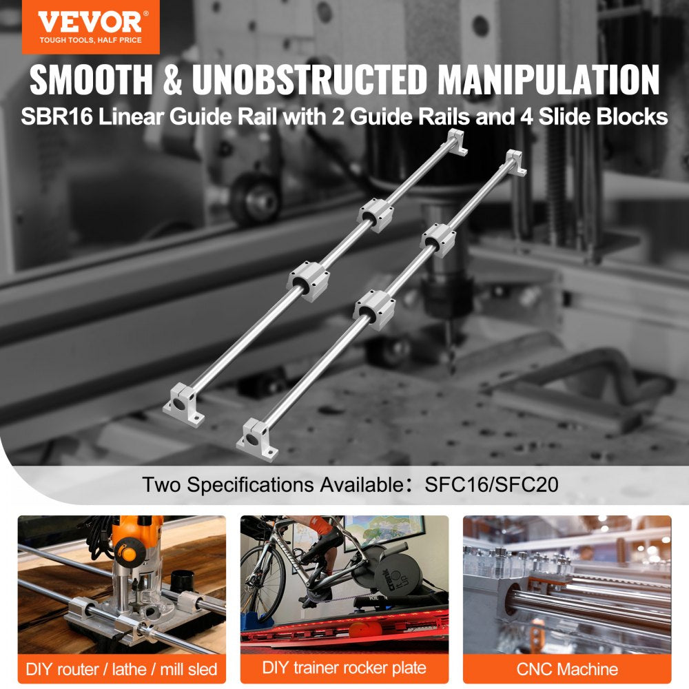 VEVOR Linear Guide Rail Set, SFC16 1000mm, 2 PCS 39.4 in/1000 mm SFC16 Guide Rails 4 PCS SC16 Slide Blocks 4 PCS Rail Supports, Linear Rails and Bearings Kit for Automated Machines CNC DIY Project 