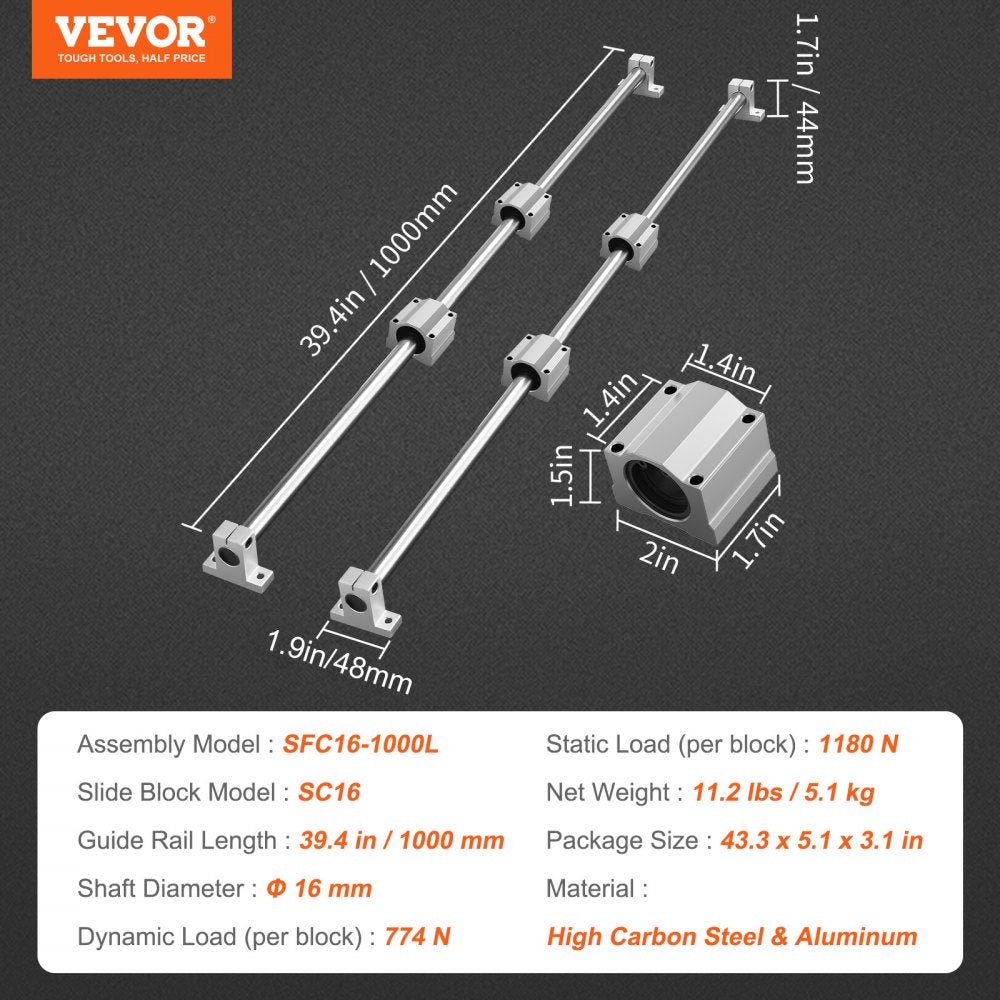 VEVOR Linear Guide Rail Set, SFC16 1000mm, 2 PCS 39.4 in/1000 mm SFC16 Guide Rails 4 PCS SC16 Slide Blocks 4 PCS Rail Supports, Linear Rails and Bearings Kit for Automated Machines CNC DIY Project 