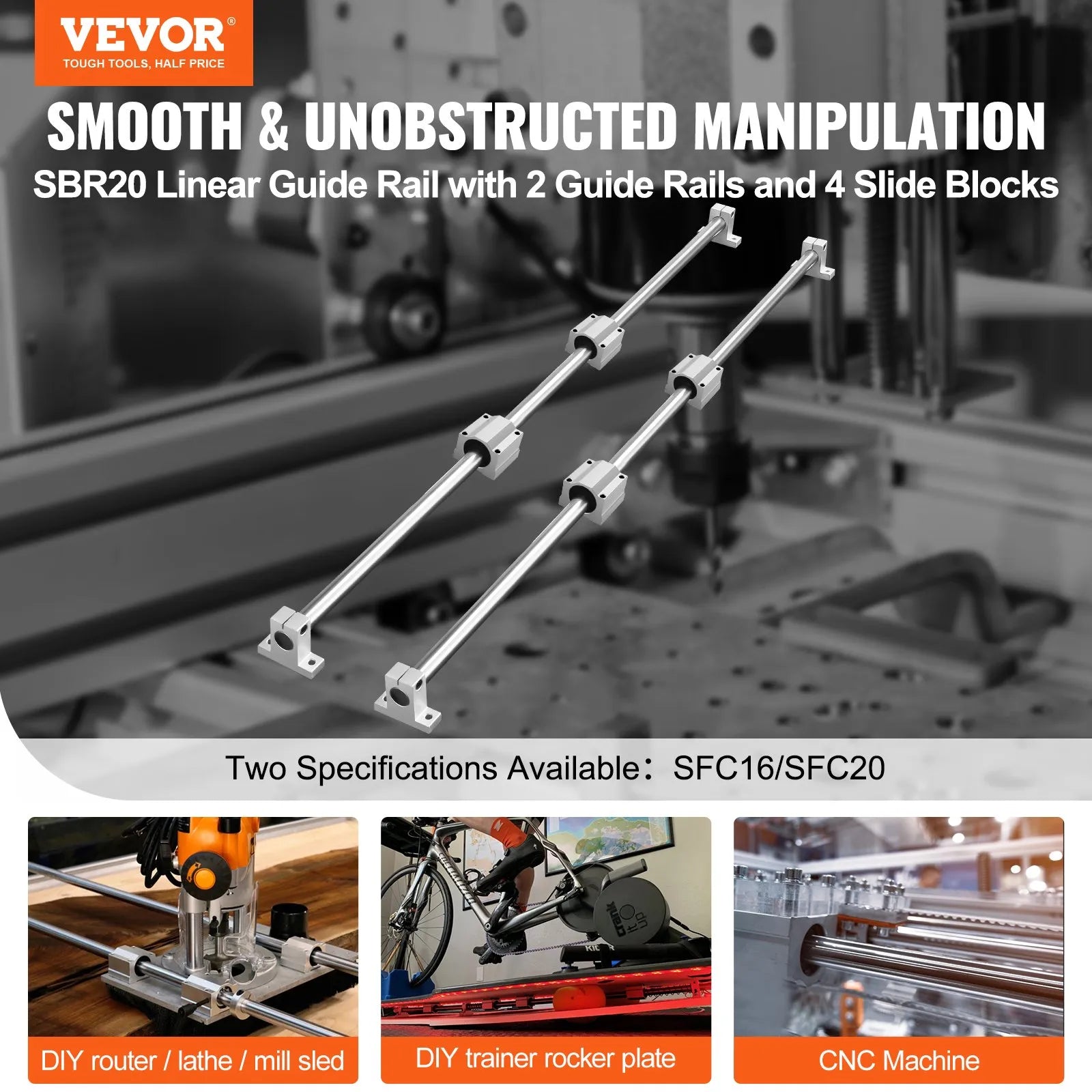 VEVOR Linear Guide Rail Set, SFC20 1200mm, 2 PCS 39.4 in/1000 mm SFC20 Guide Rails 4 PCS SC20 Slide Blocks 4 PCS Rail Supports, Linear Rails and Bearings Kit for Automated Machines CNC DIY Project