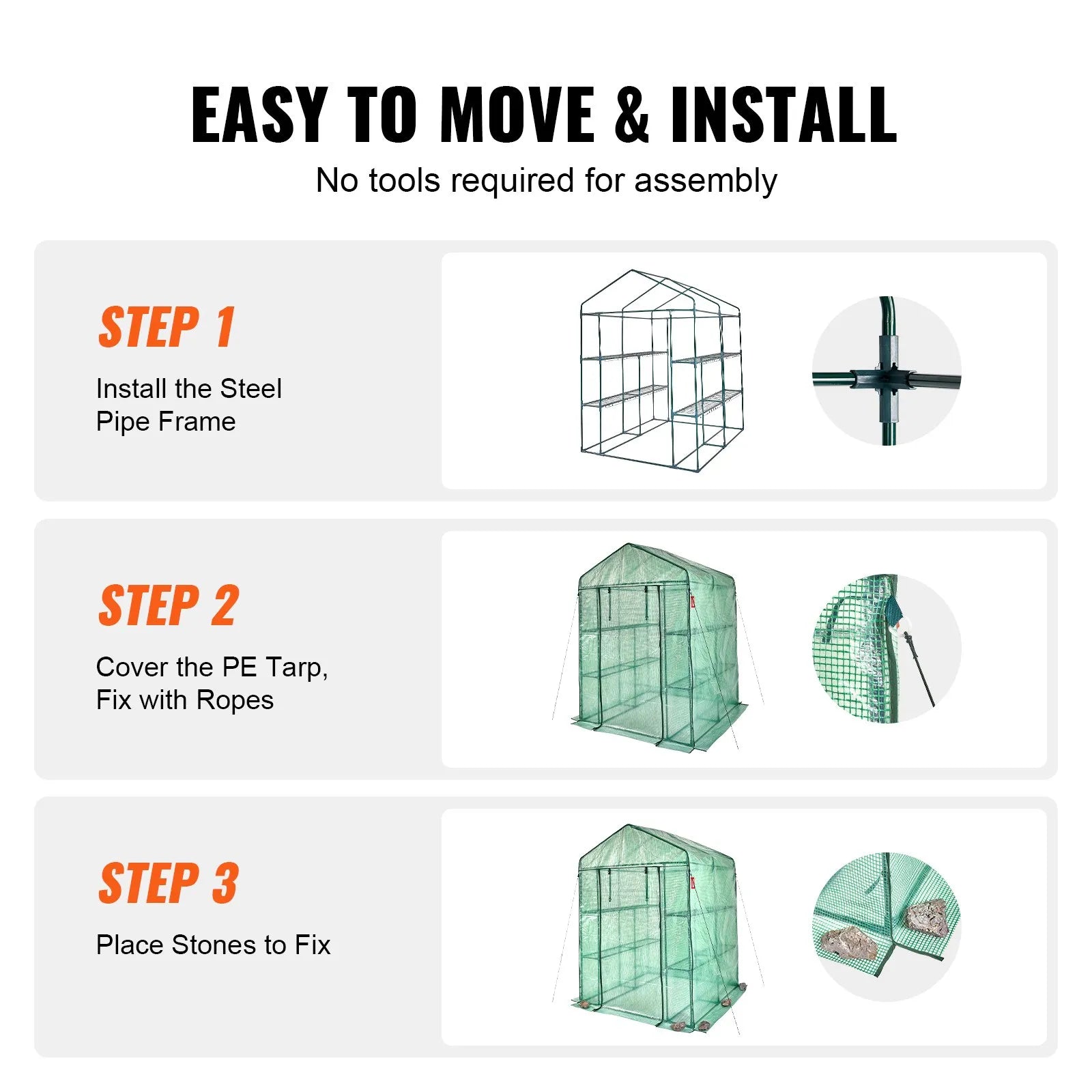 VEVOR Walk-in Green House, 4.6 x 4.6 x  6.6 ft  Greenhouse with Shelves, Set Up in Minutes, High Strength PE Cover with Doors & Windows and Steel Frame, Suitable for Planting and Storage, Green