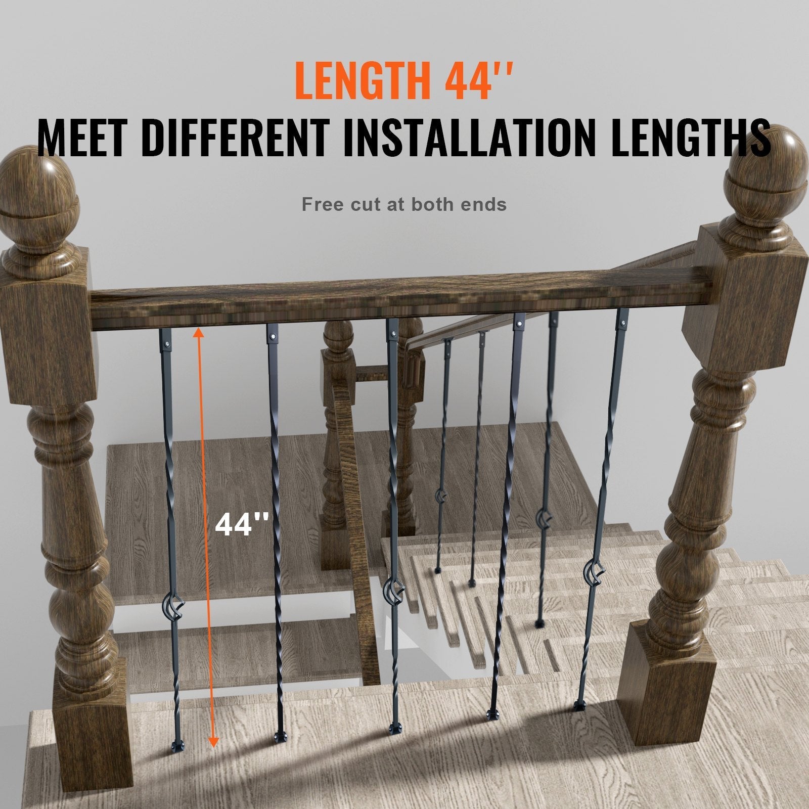 VEVOR Staircase Metal Balusters, 44'' x 1/2" Galvanized Steel Decorative Banister Spindles, 10 Pack Deck Baluster with Hollow Single Baskets, Twists, Spiral Stair Railing w/ Shoes & Screws 