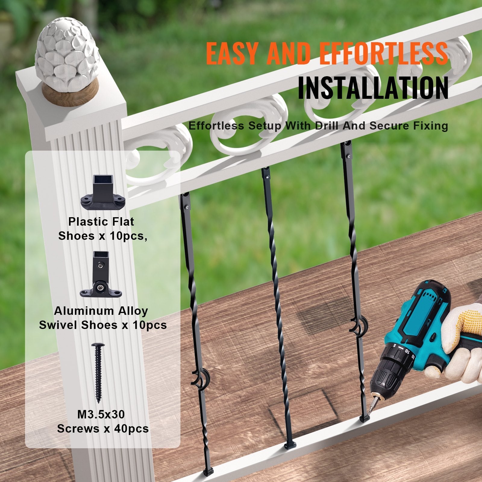 VEVOR Staircase Metal Balusters, 44'' x 1/2" Galvanized Steel Decorative Banister Spindles, 10 Pack Deck Baluster with Hollow Single Baskets, Twists, Spiral Stair Railing w/ Shoes & Screws 