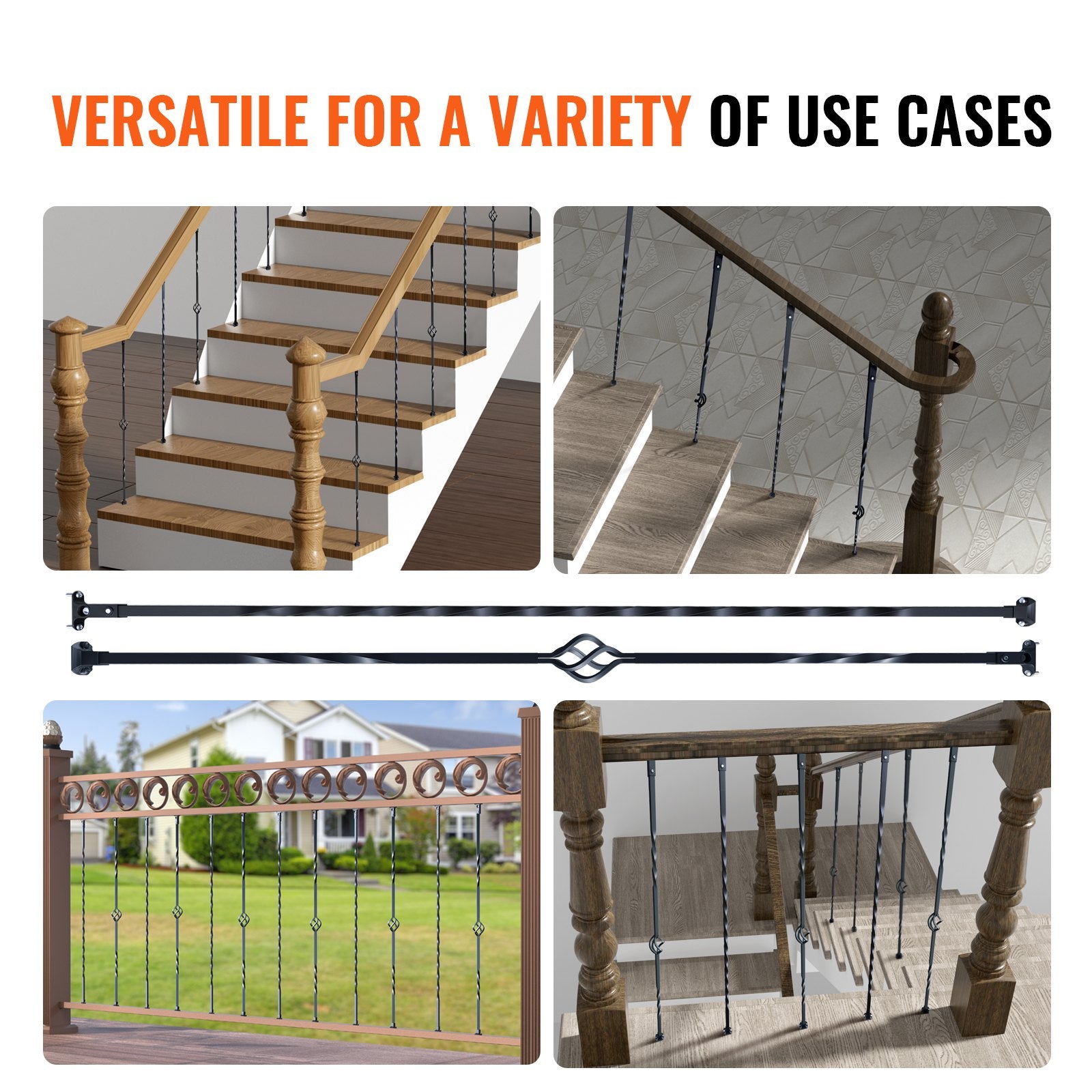 VEVOR Staircase Metal Balusters, 44'' x 1/2" Galvanized Steel Decorative Banister Spindles, 10 Pack Deck Baluster with Hollow Single Baskets, Twists, Spiral Stair Railing w/ Shoes & Screws 