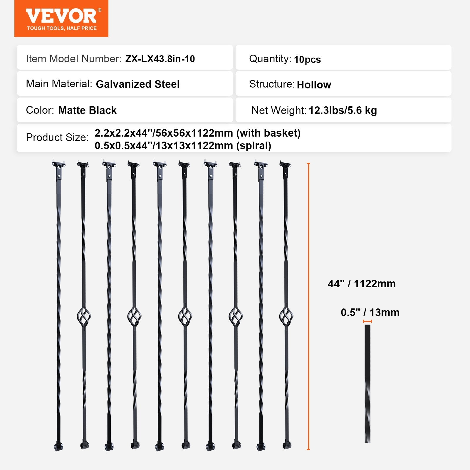 VEVOR Staircase Metal Balusters, 44'' x 1/2" Galvanized Steel Decorative Banister Spindles, 10 Pack Deck Baluster with Hollow Single Baskets, Twists, Spiral Stair Railing w/ Shoes & Screws 