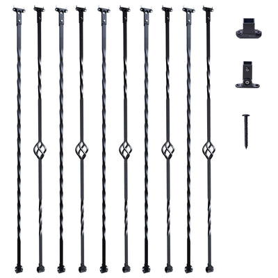 VEVOR Staircase Metal Balusters, 44'' x 1/2" Galvanized Steel Decorative Banister Spindles, 10 Pack Deck Baluster with Hollow Single Baskets, Twists, Spiral Stair Railing w/ Shoes & Screws 