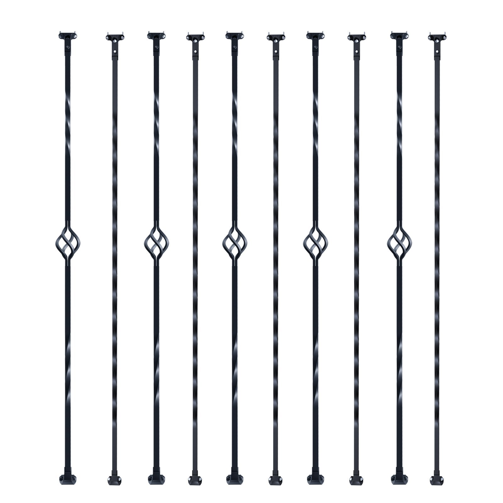VEVOR Staircase Metal Balusters, 44'' x 1/2" Galvanized Steel Decorative Banister Spindles, 10 Pack Deck Baluster with Hollow Single Baskets, Twists, Spiral Stair Railing w/ Shoes & Screws 