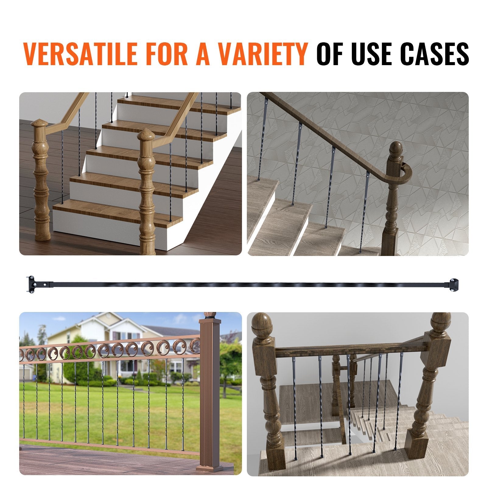 VEVOR Staircase Metal Balusters, 44'' x 1/2" Galvanized Steel Decorative Banister Spindles, 10 Pack Deck Baluster with Hollow Twists, Satin Black Spiral Stair Railing with Shoes & Screws 