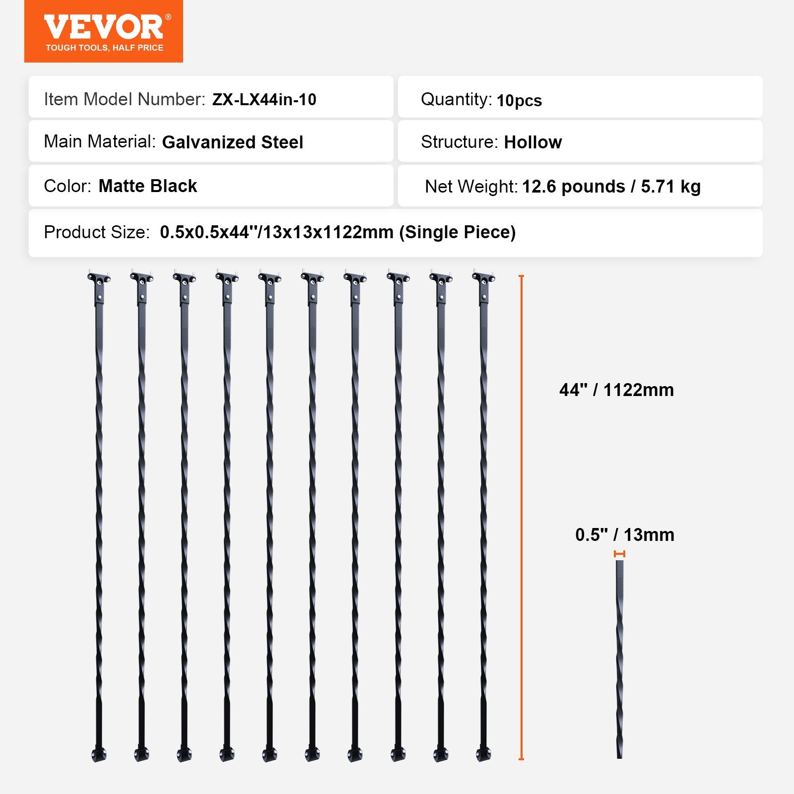 VEVOR Staircase Metal Balusters, 44'' x 1/2" Galvanized Steel Decorative Banister Spindles, 10 Pack Deck Baluster with Hollow Twists, Satin Black Spiral Stair Railing with Shoes & Screws 