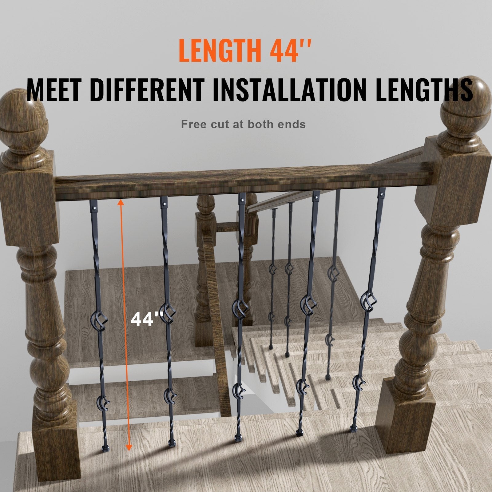 VEVOR Staircase Metal Balusters, 44'' x 1/2" Galvanized Steel Decorative Banister Spindles, 10 Pack Deck Baluster with Hollow Double Baskets, Spiral Stair Railing with Shoes & Screws 