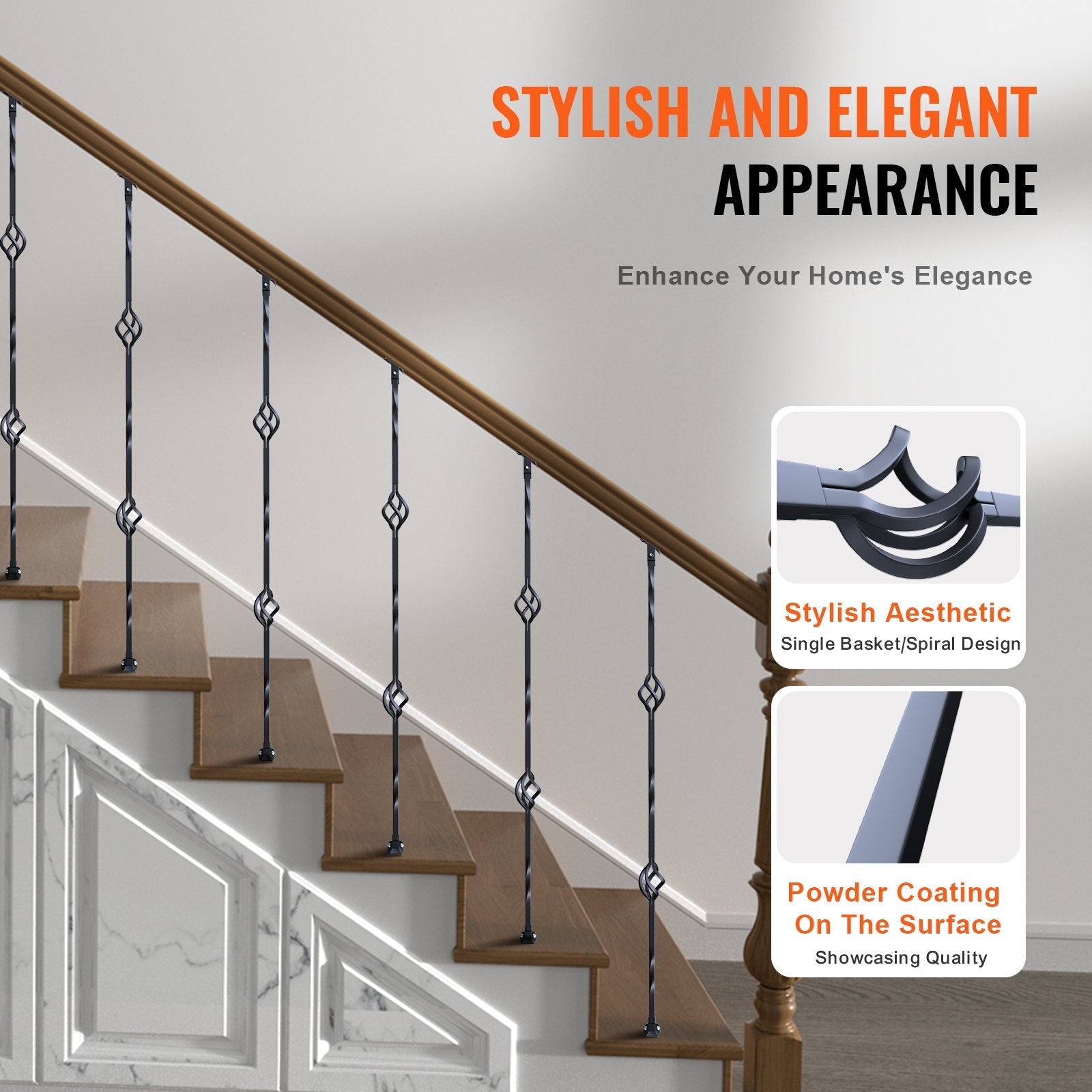 VEVOR Staircase Metal Balusters, 44'' x 1/2" Galvanized Steel Decorative Banister Spindles, 10 Pack Deck Baluster with Hollow Double Baskets, Spiral Stair Railing with Shoes & Screws 