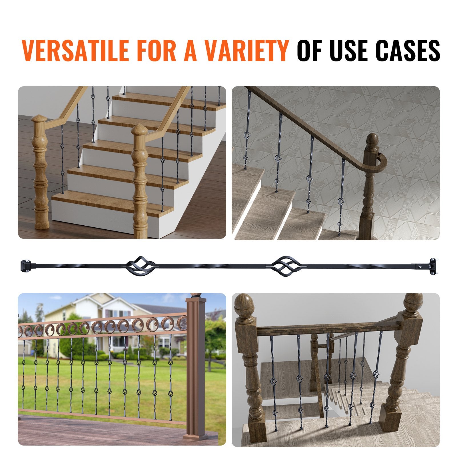 VEVOR Staircase Metal Balusters, 44'' x 1/2" Galvanized Steel Decorative Banister Spindles, 10 Pack Deck Baluster with Hollow Double Baskets, Spiral Stair Railing with Shoes & Screws 