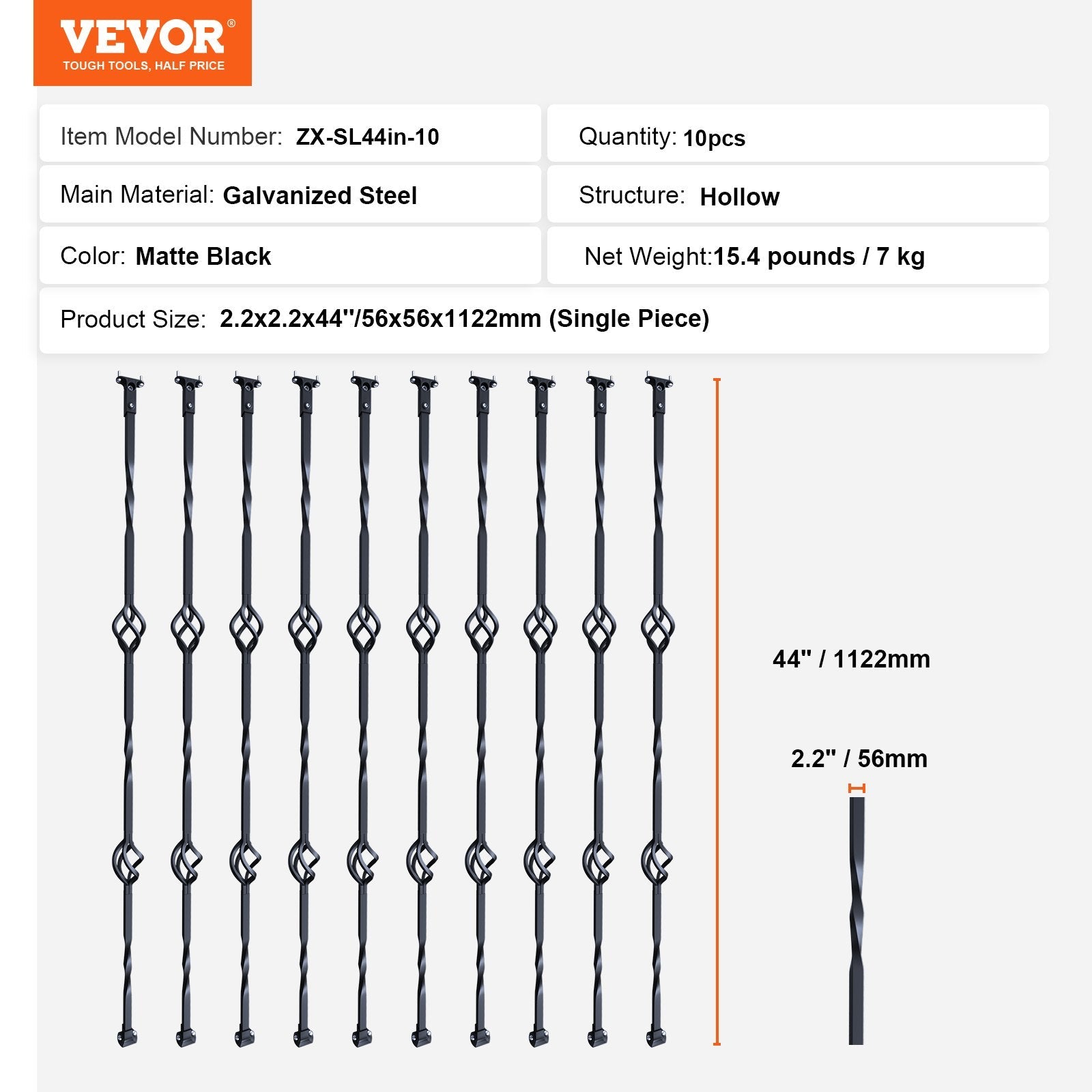 VEVOR Staircase Metal Balusters, 44'' x 1/2" Galvanized Steel Decorative Banister Spindles, 10 Pack Deck Baluster with Hollow Double Baskets, Spiral Stair Railing with Shoes & Screws 