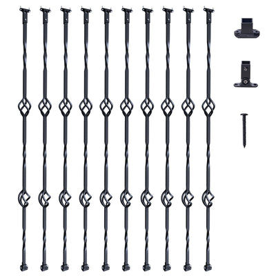 VEVOR Staircase Metal Balusters, 44'' x 1/2" Galvanized Steel Decorative Banister Spindles, 10 Pack Deck Baluster with Hollow Double Baskets, Spiral Stair Railing with Shoes & Screws 