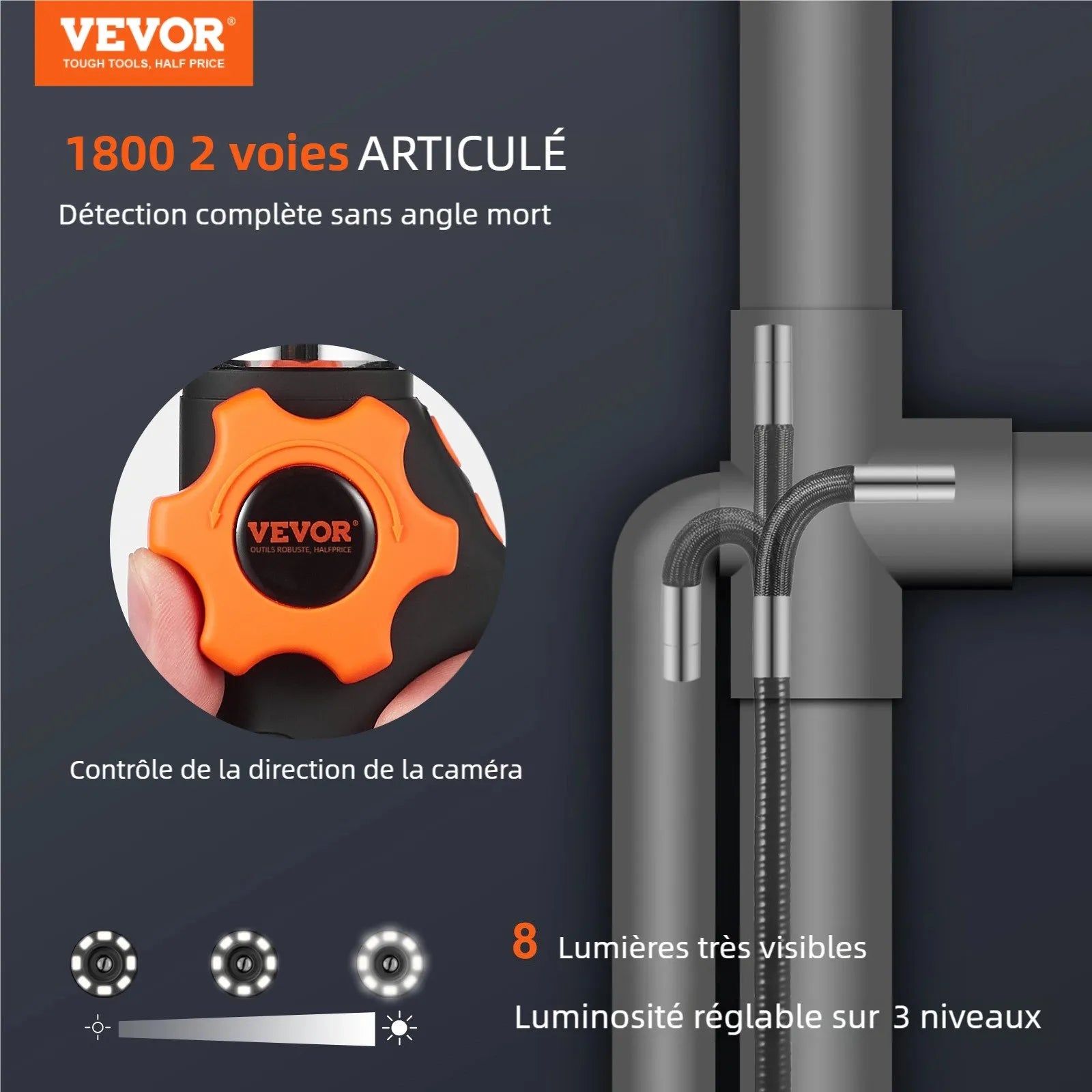 VEVOR Borescope Endoscope Two-Way 180° Articulating 5" IPS 8X Zoom 6.4mm Lens