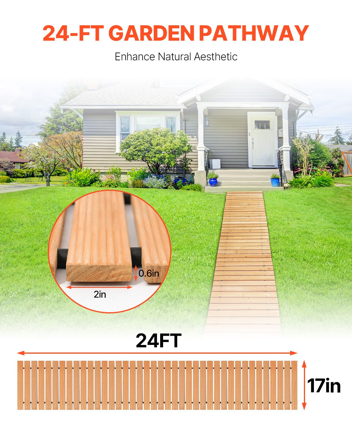 VEVOR 16 ft L x 17 in W Straight Wooden Garden Pathway Roll Out Garden Walkway 