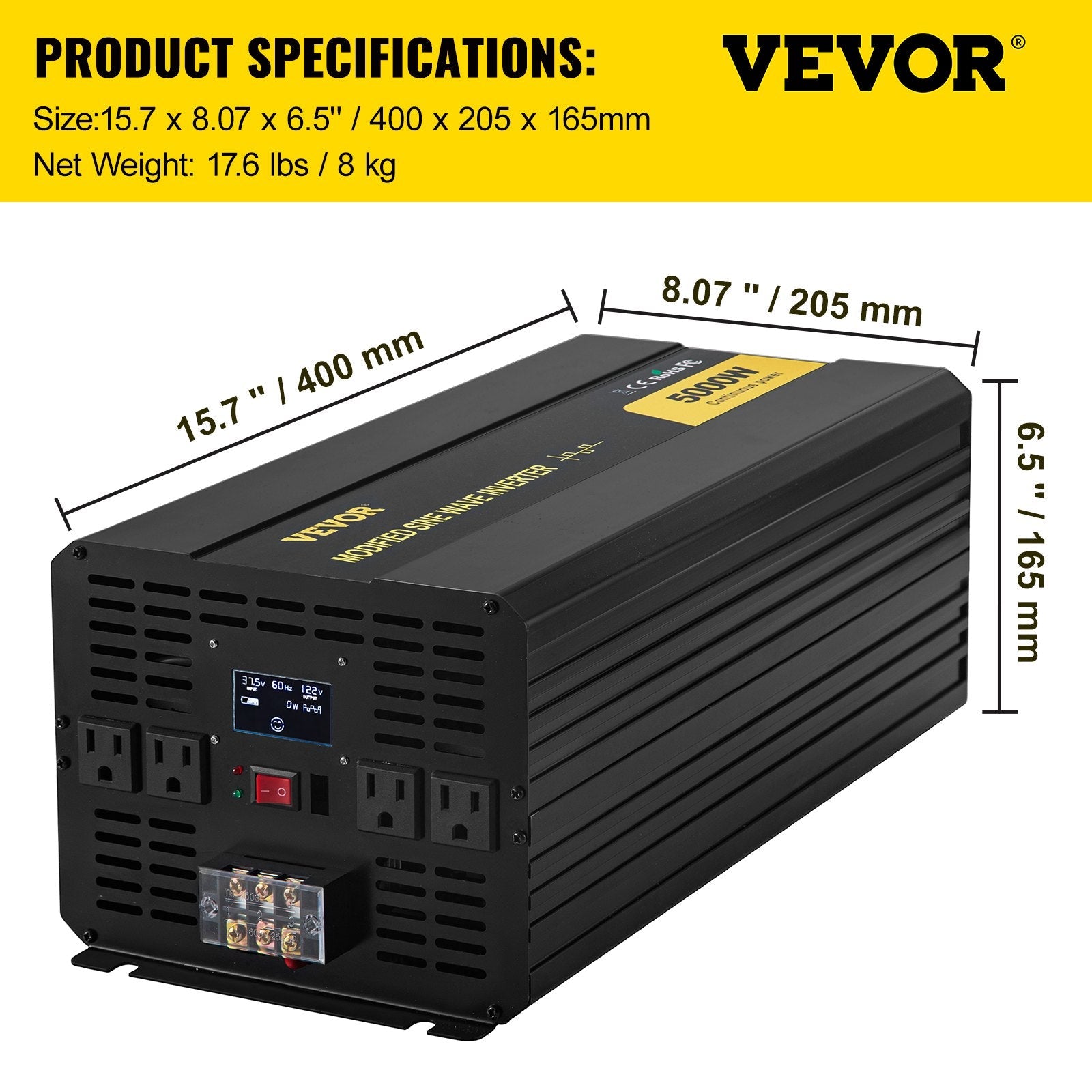 VEVOR Power Inverter, 5000W Modified Sine Wave Inverter, DC 36V to AC 120V Car Converter, with LCD Screen, Remote Controller, LED Indicator, AC Outlets Inverter for Truck RV Car Boat Travel Camping 