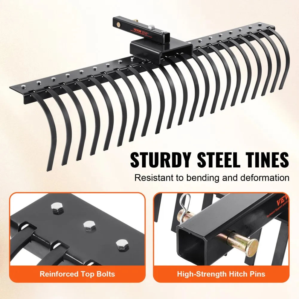VEVOR Tow Behind Landscape Rake, 60" Tow Dethatcher with 21 Steel Coil Tines, Lawn Dethatcher Rake Attaches to 48" or 60" Toolbars and 3-point Suspension Systems, for Leaves, Pine Needles, and Grass