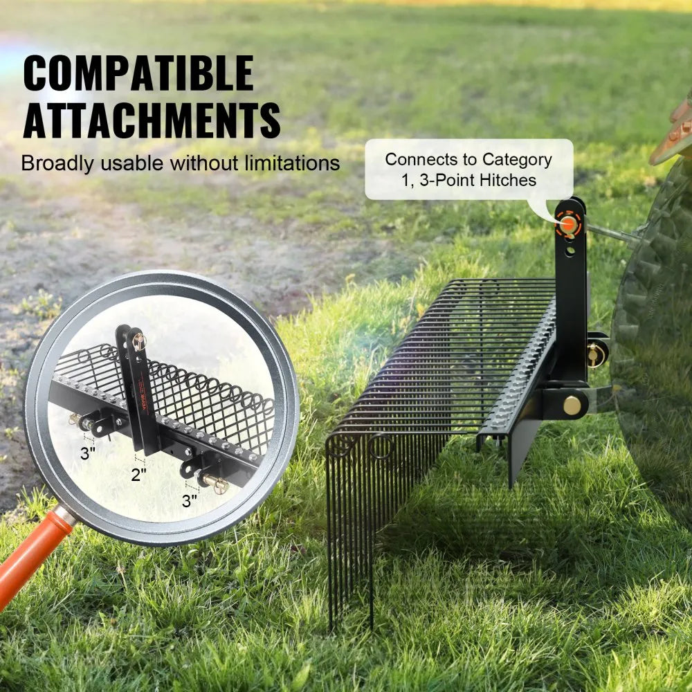 VEVOR Tow Behind Landscape Rake, 60" Tow Dethatcher with 21 Steel Coil Tines, Lawn Dethatcher Rake Attaches to 48" or 60" Toolbars and 3-point Suspension Systems, for Leaves, Pine Needles, and Grass