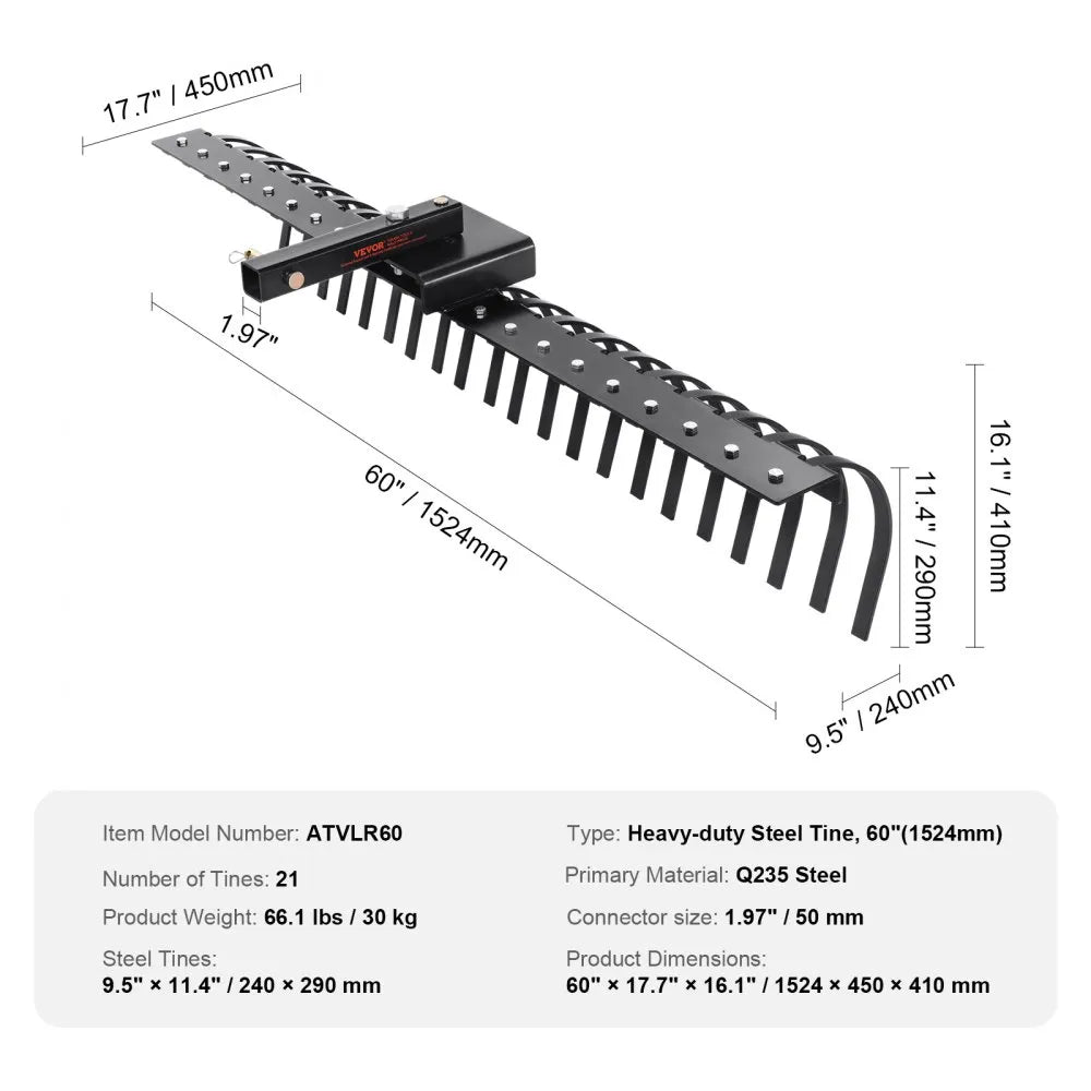 VEVOR Tow Behind Landscape Rake, 60" Tow Dethatcher with 21 Steel Coil Tines, Lawn Dethatcher Rake Attaches to 48" or 60" Toolbars and 3-point Suspension Systems, for Leaves, Pine Needles, and Grass