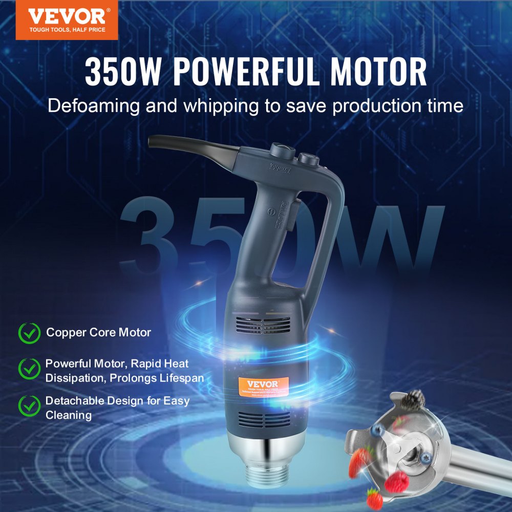 VEVOR Commercial Immersion Blender, 350W Heavy Duty Hand Mixer, 12 inch Stepless Variable Speed Mixer with Stainless Steel Blade, Multi-Purpose Portable Mixer for Soup, Sauces, Mashed Potatoes, Cream 
