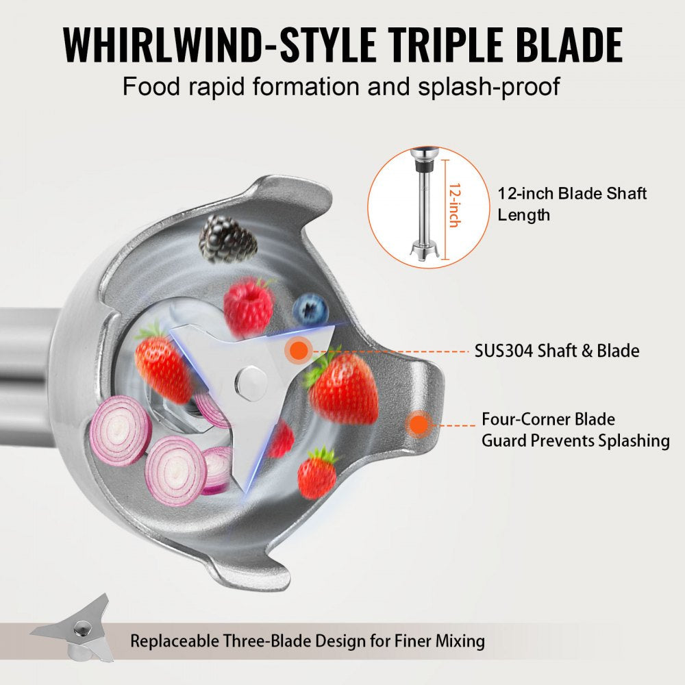 VEVOR Commercial Immersion Blender, 350W Heavy Duty Hand Mixer, 12 inch Stepless Variable Speed Mixer with Stainless Steel Blade, Multi-Purpose Portable Mixer for Soup, Sauces, Mashed Potatoes, Cream 