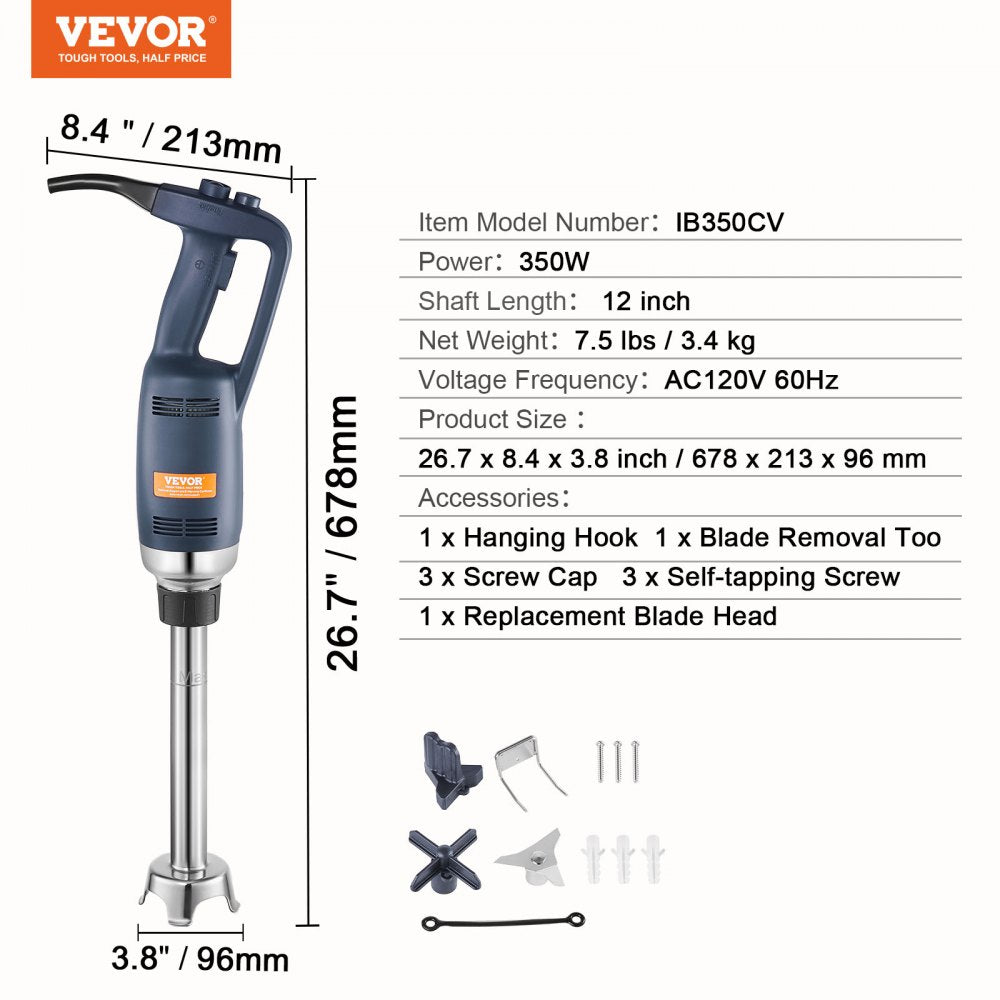 VEVOR Commercial Immersion Blender, 350W Heavy Duty Hand Mixer, 12 inch Stepless Variable Speed Mixer with Stainless Steel Blade, Multi-Purpose Portable Mixer for Soup, Sauces, Mashed Potatoes, Cream 