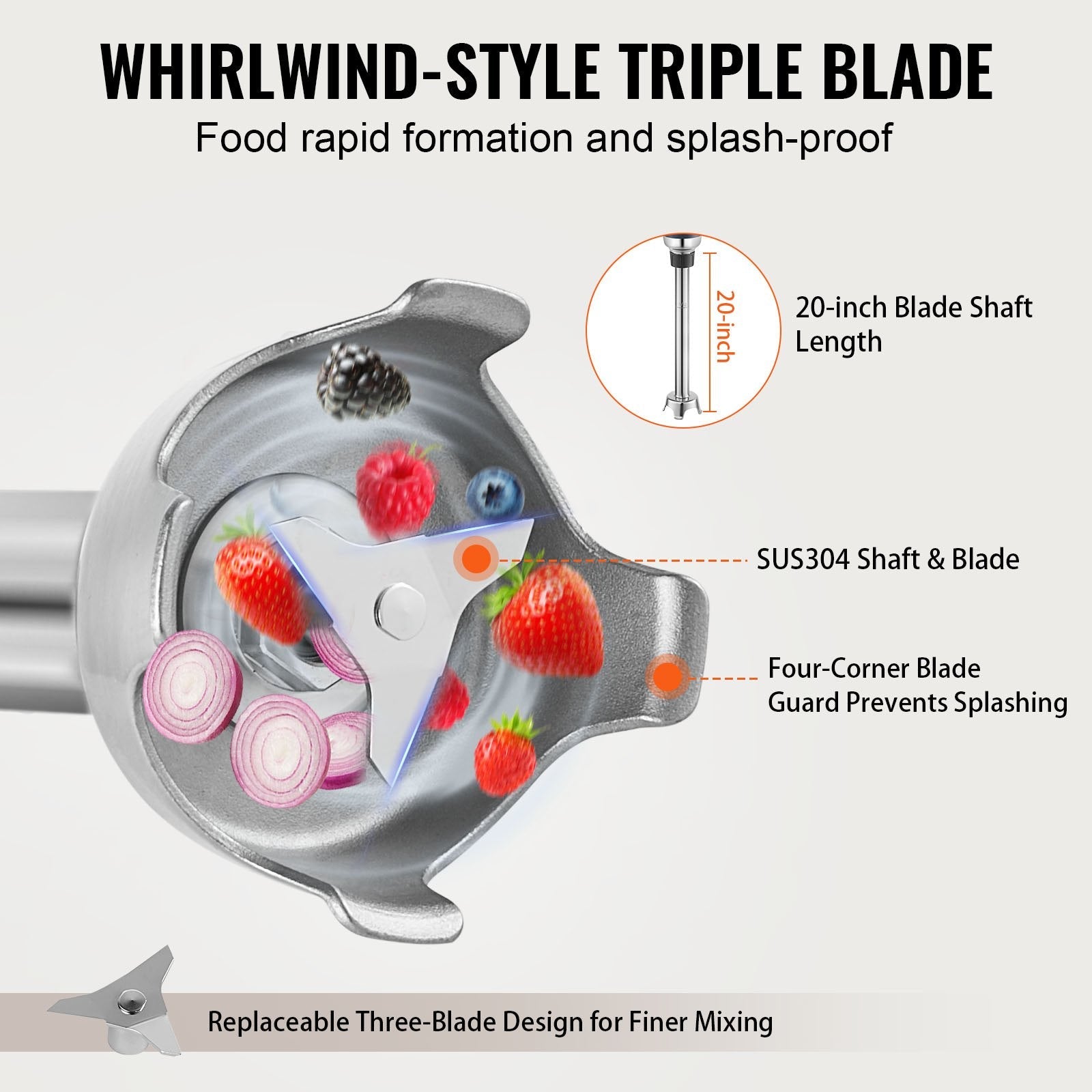 VEVOR Commercial Immersion Blender, 350W Heavy Duty Hand Mixer, 20 inch Stepless Variable Speed Mixer with Stainless Steel Blade, Multi-Purpose Portable Mixer for Soup, Sauces, Mashed Potatoes, Cream 