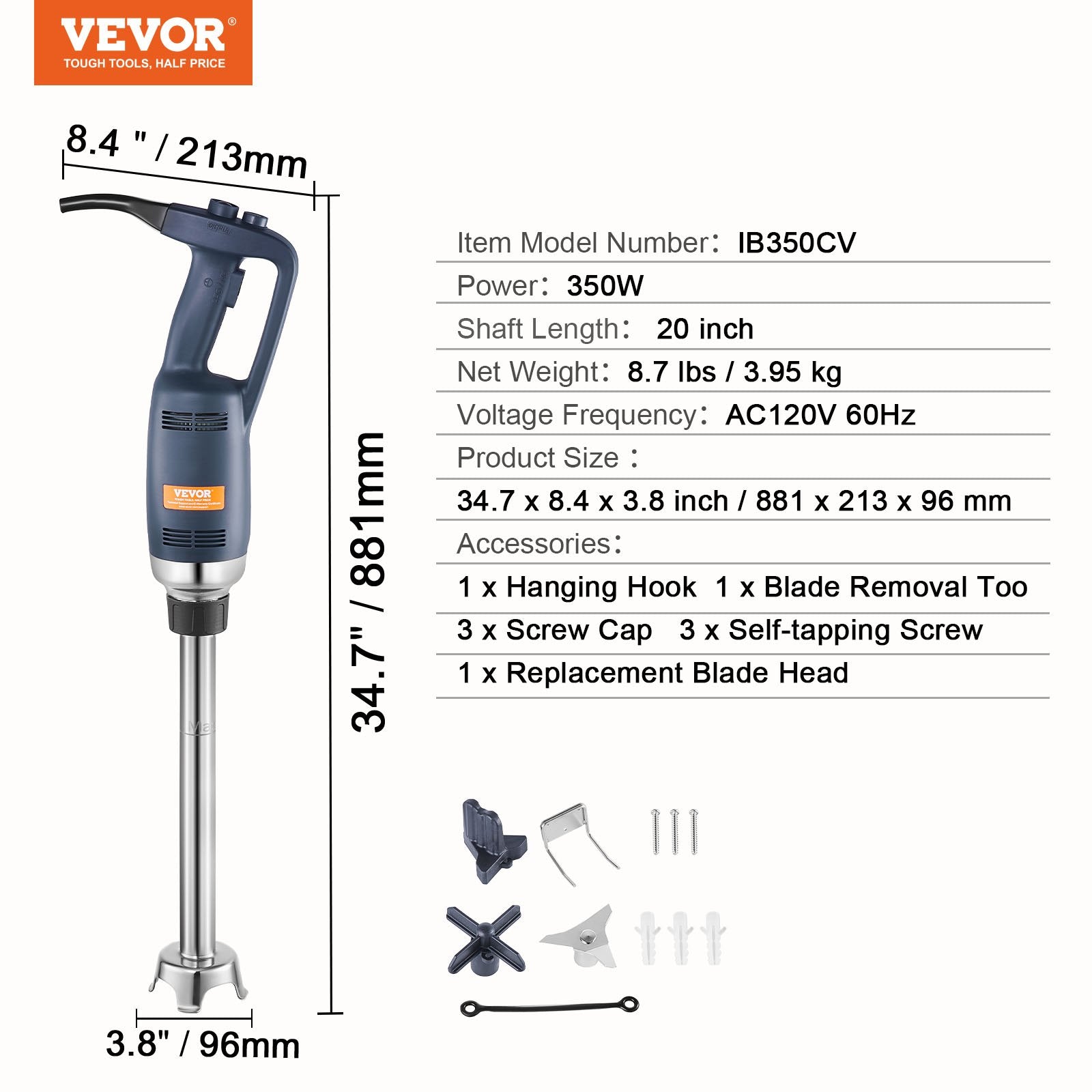 VEVOR Commercial Immersion Blender, 350W Heavy Duty Hand Mixer, 20 inch Stepless Variable Speed Mixer with Stainless Steel Blade, Multi-Purpose Portable Mixer for Soup, Sauces, Mashed Potatoes, Cream 
