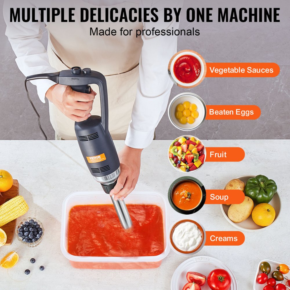 VEVOR Commercial Immersion Blender, 350W Heavy Duty Hand Mixer, 10 inch Stepless Variable Speed Mixer with Stainless Steel Blade, Multi-Purpose Portable Mixer for Soup, Sauces, Mashed Potatoes, Cream 